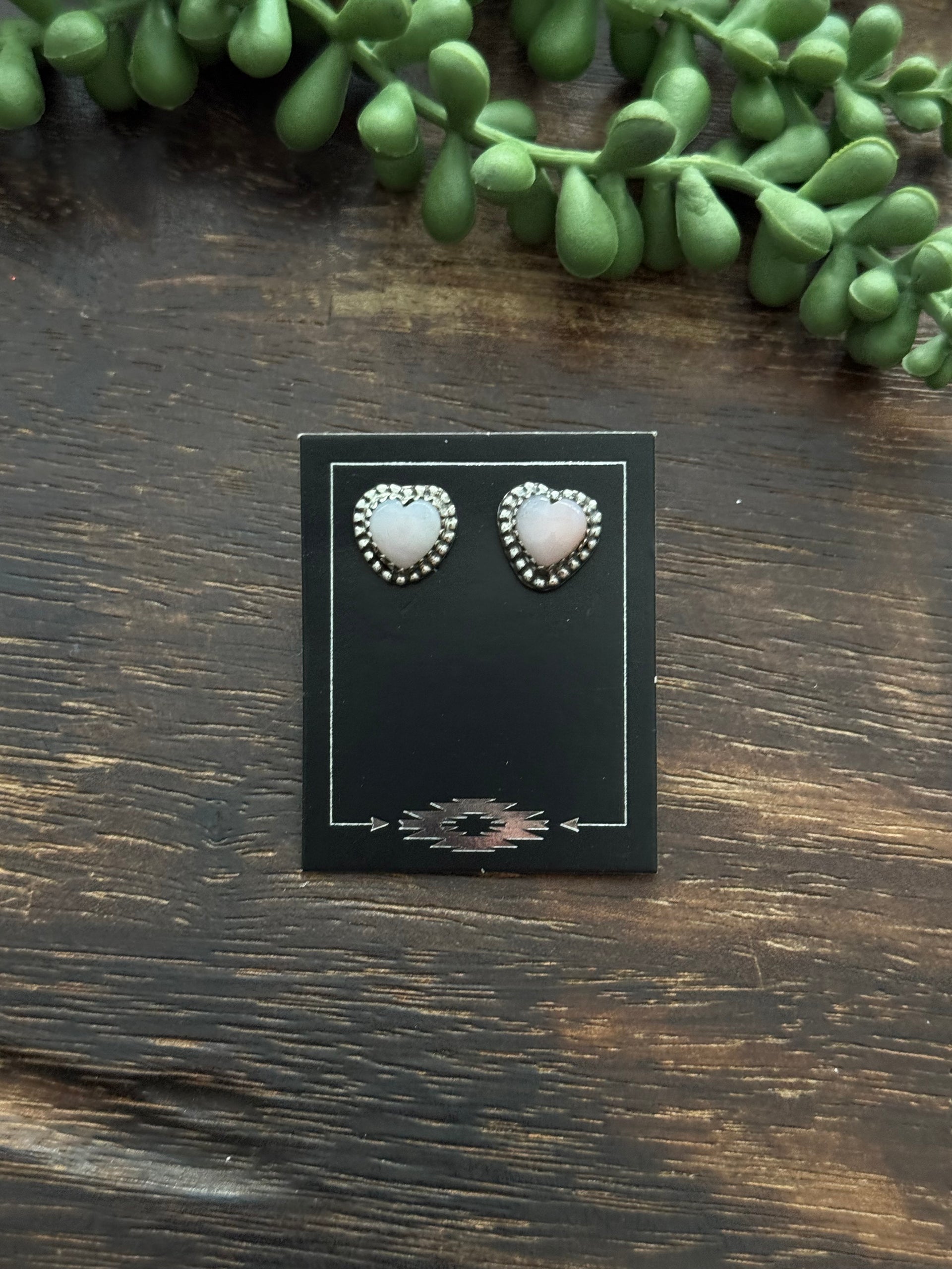 Southwest Handmade Peruvian Pink Opal & Sterling Silver Heart Post Earrings