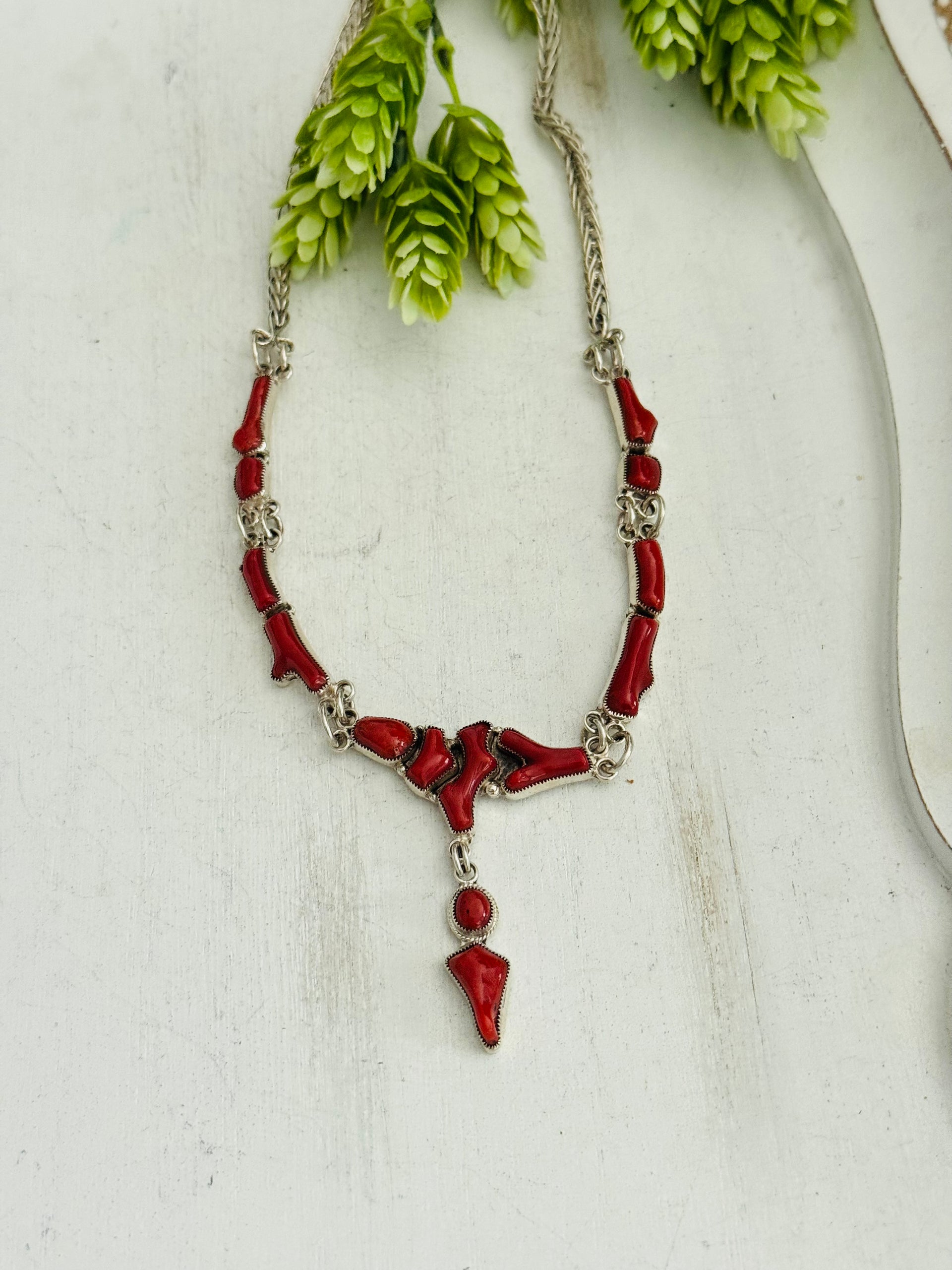 Smokey Gchacha Mediterranean Coral and Sterling Silver Cluster Necklace
