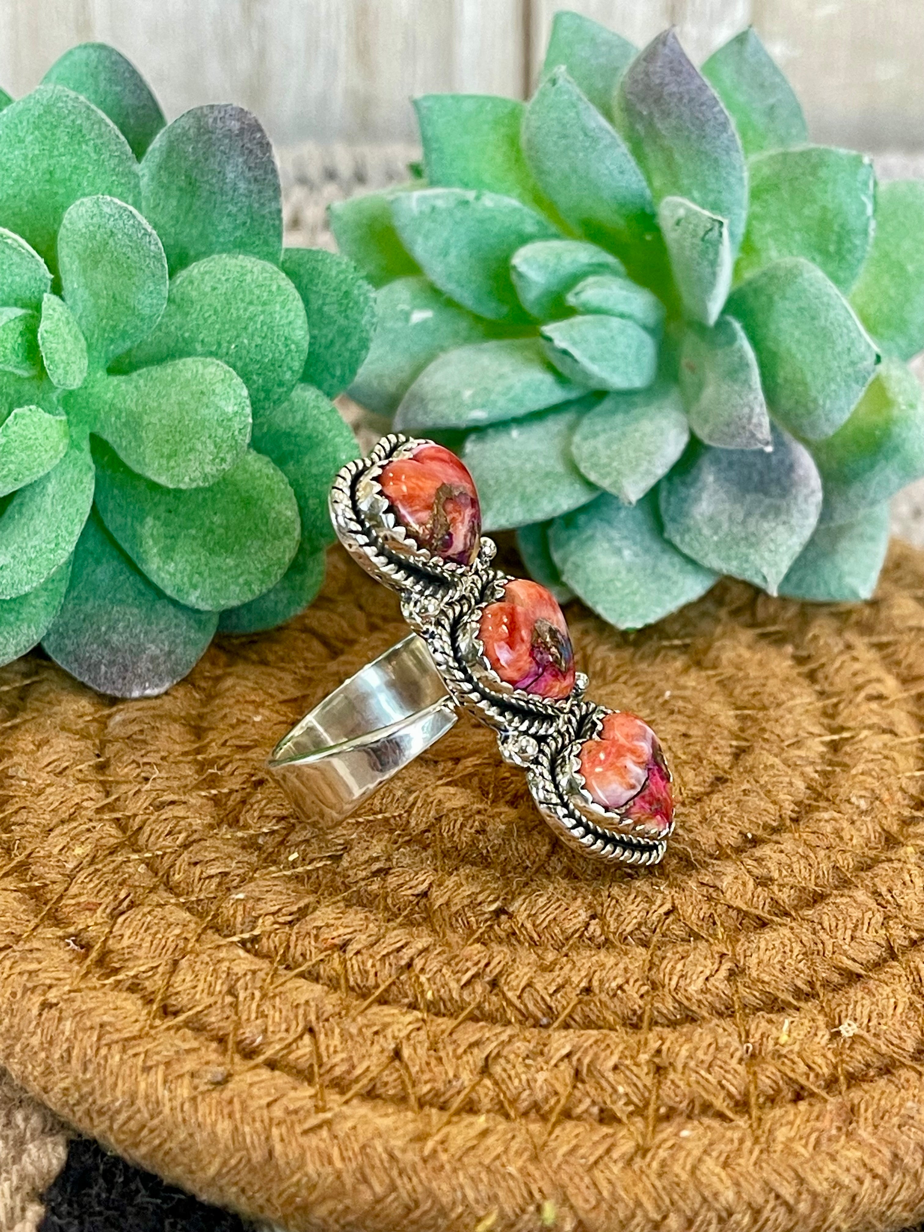 Southwest Handmade Pink Mohave & Sterling Silver Adjustable 3 Stone Heart  Ring