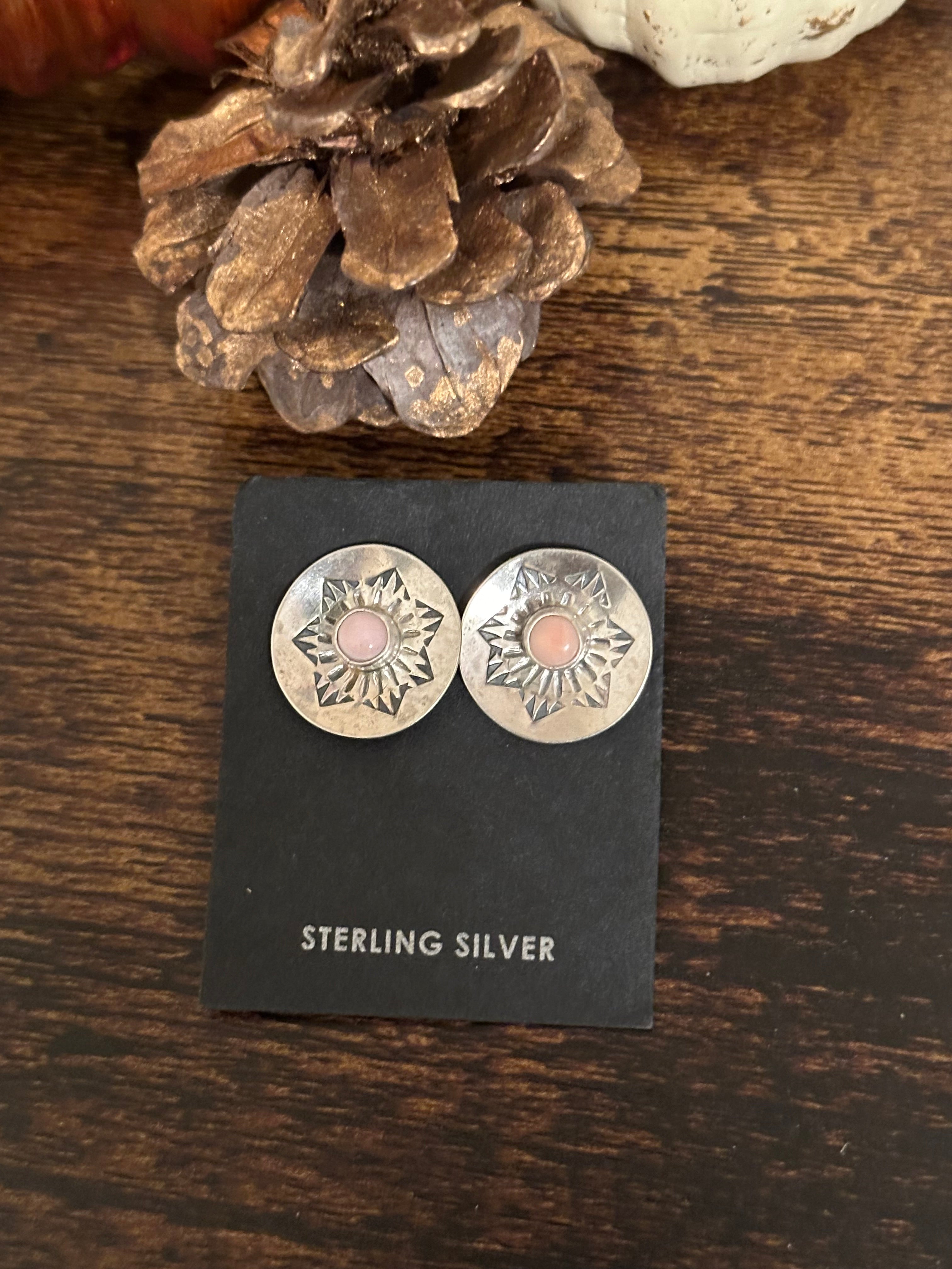 Navajo Made Pink Conch  & Sterling Silver Post Earrings