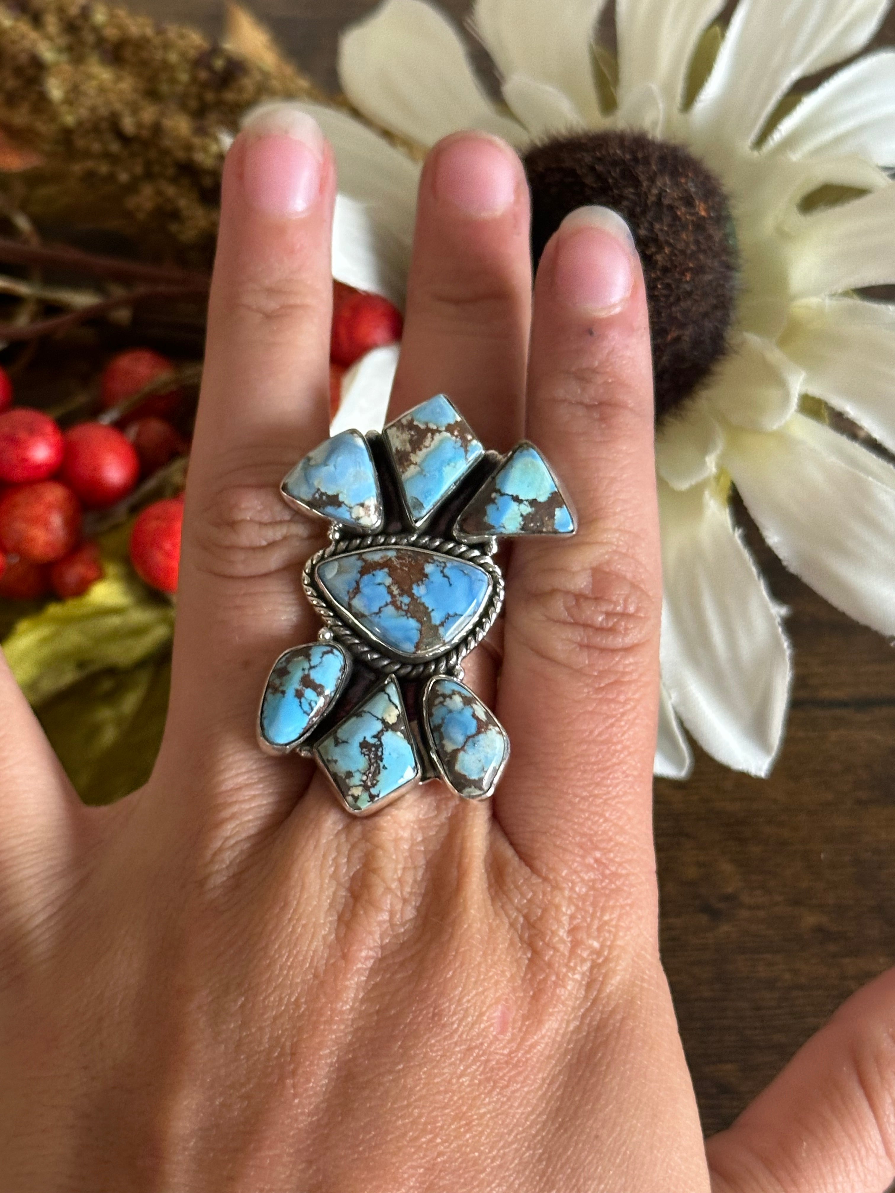 Southwest Handmade Golden Hill’s Turquoise & Sterling Silver Adjustable Cluster Ring