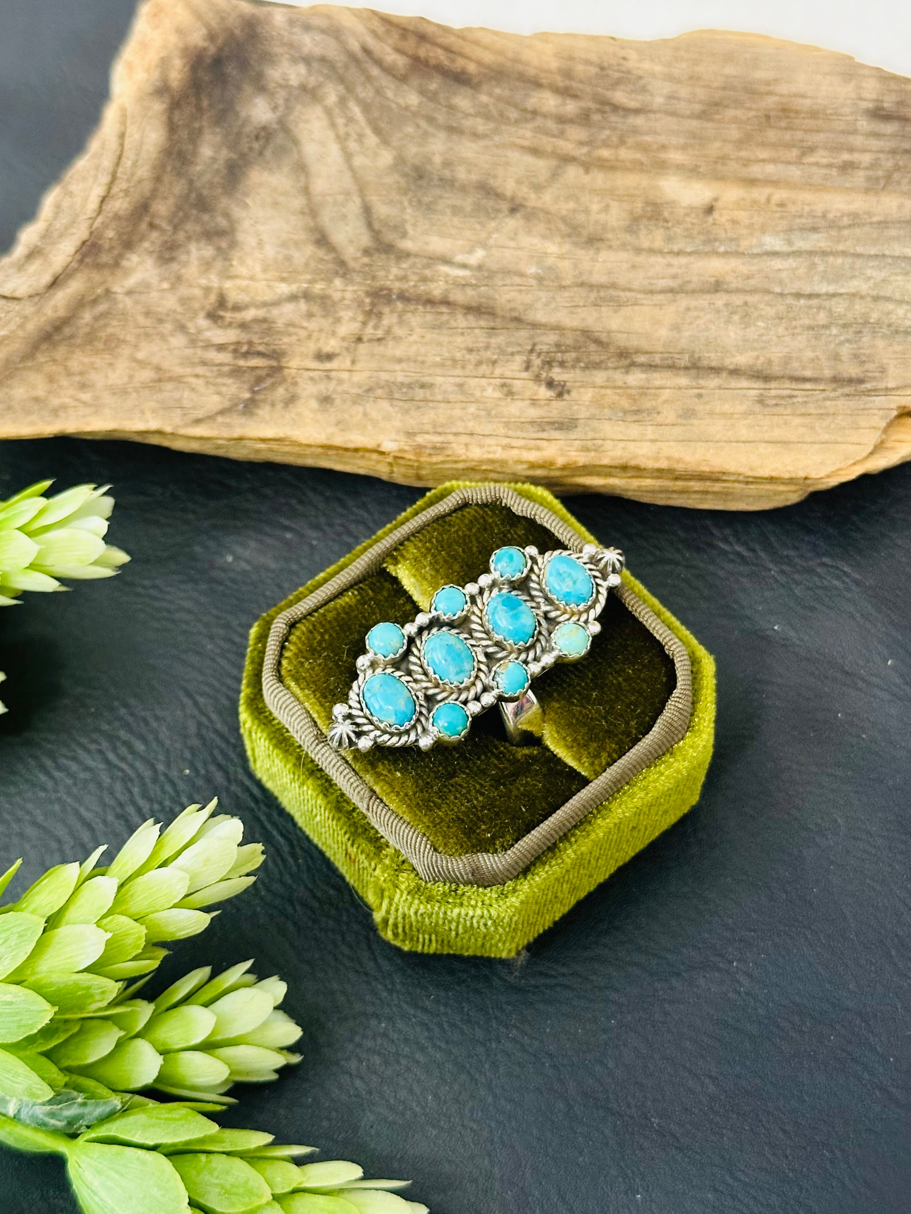 Southwest Handmade Kingman Turquoise & Sterling Silver Adjustable Cluster Ring