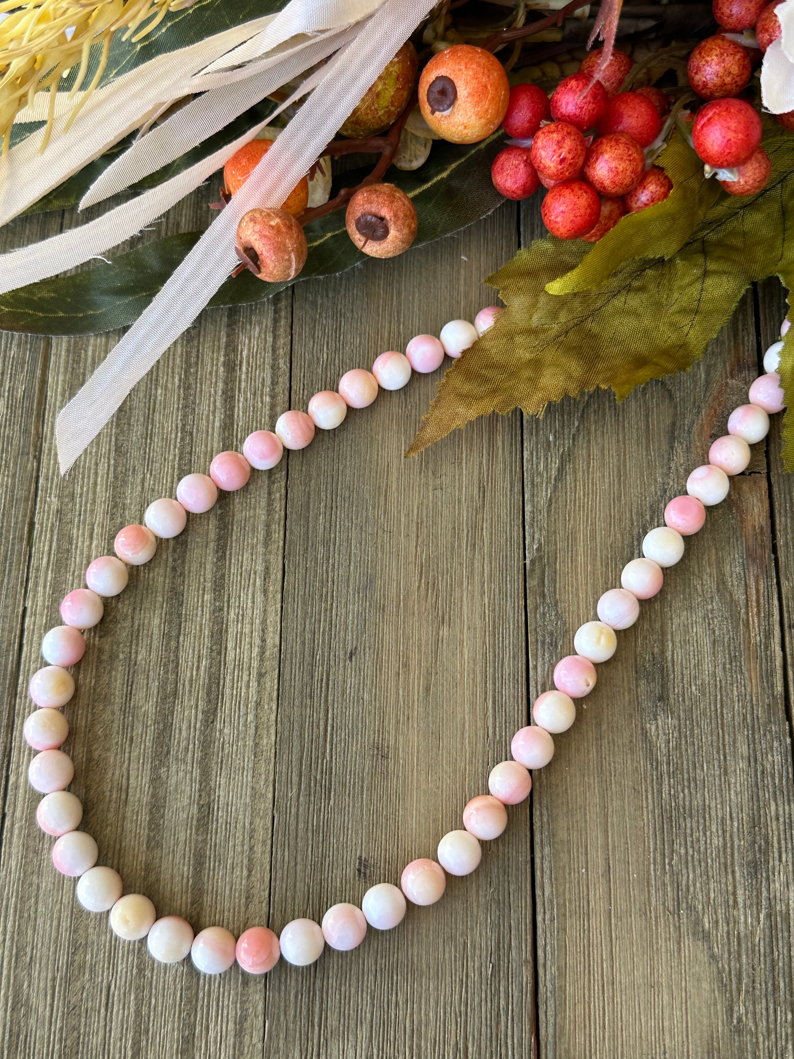 Navajo Strung Pink Conch & Sterling Silver Beaded Necklace