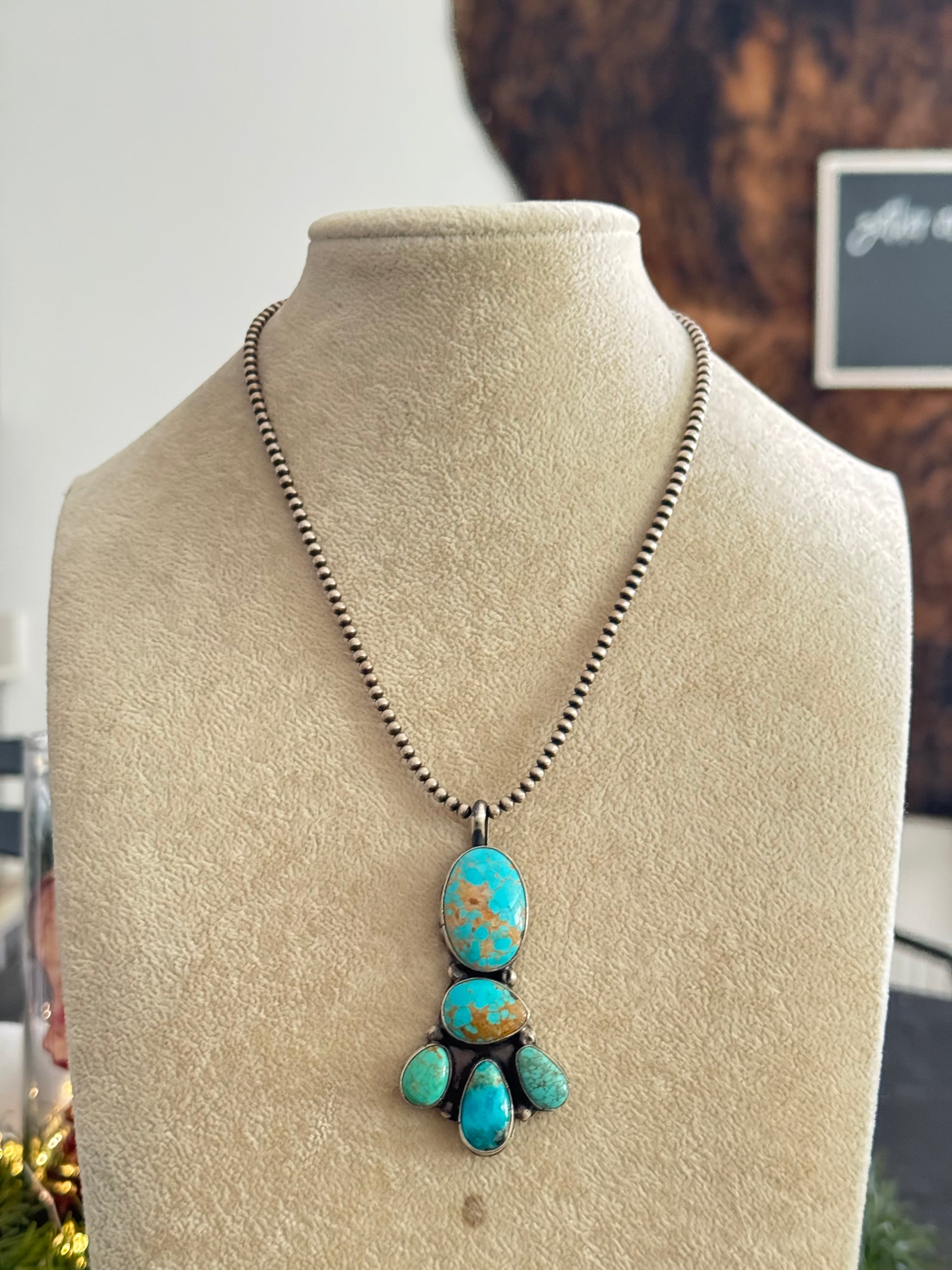 Navajo Made Kingman Turquoise & Sterling Silver Cluster Pendant