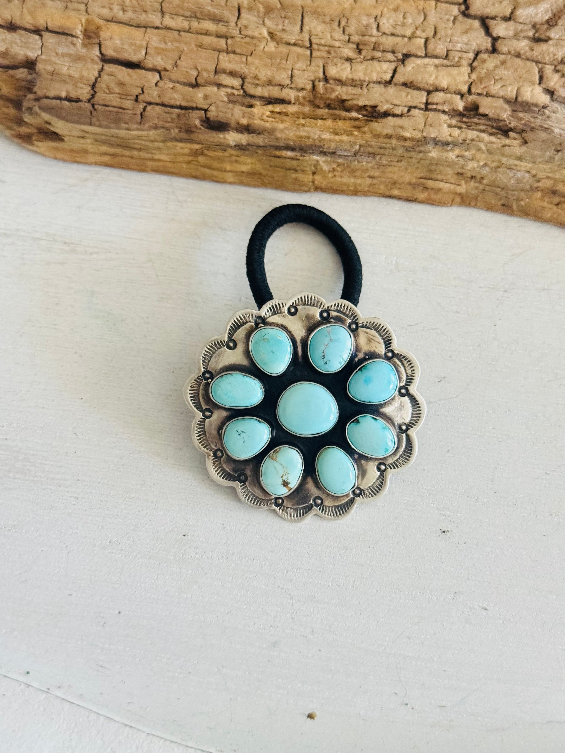 Danny Henio Royston Turquoise & Sterling Silver Concho Ponytail Holder