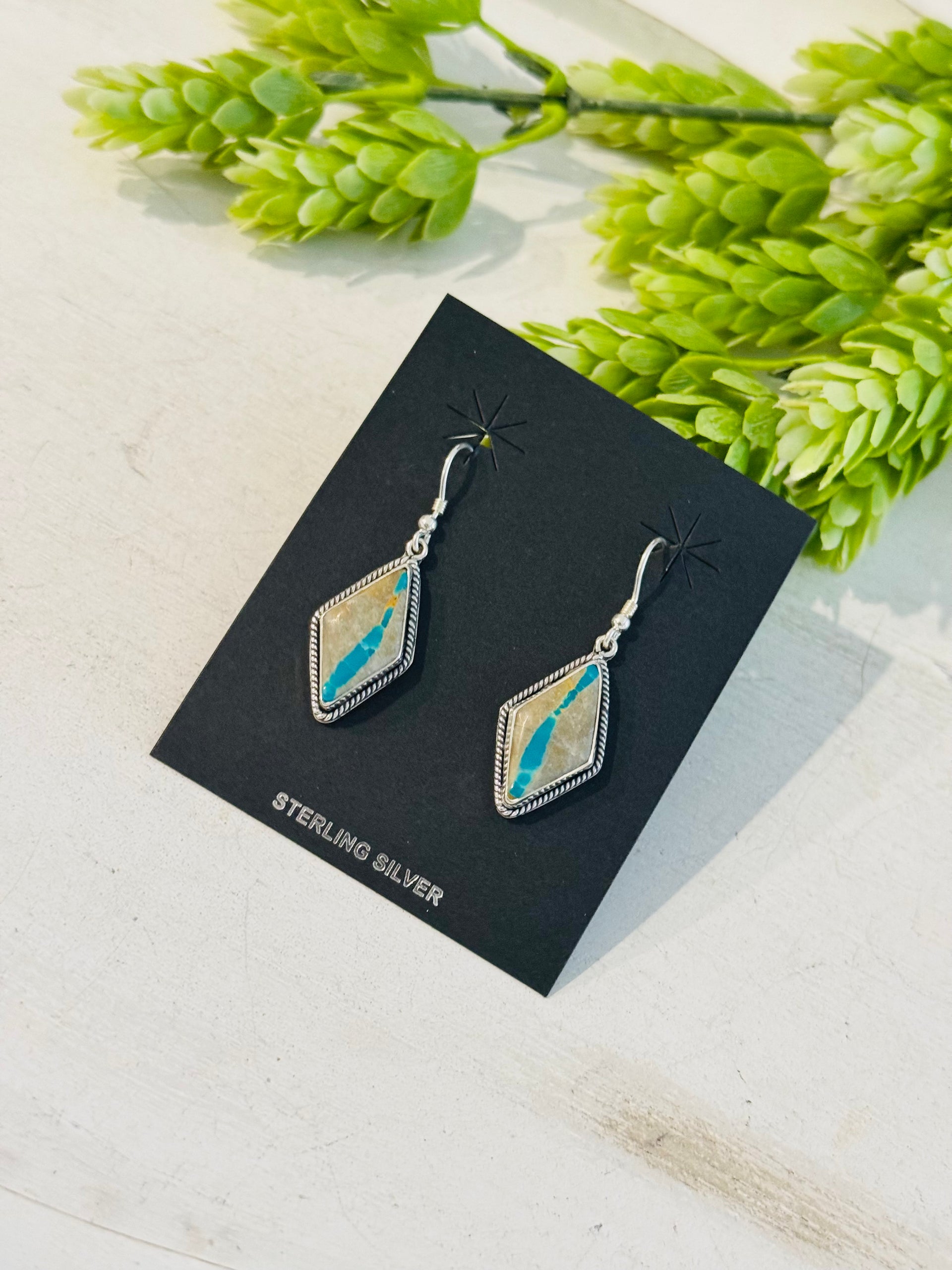 Southwest Handmade Ribbon Royston Turquoise & Sterling Silver Dangle Earrings