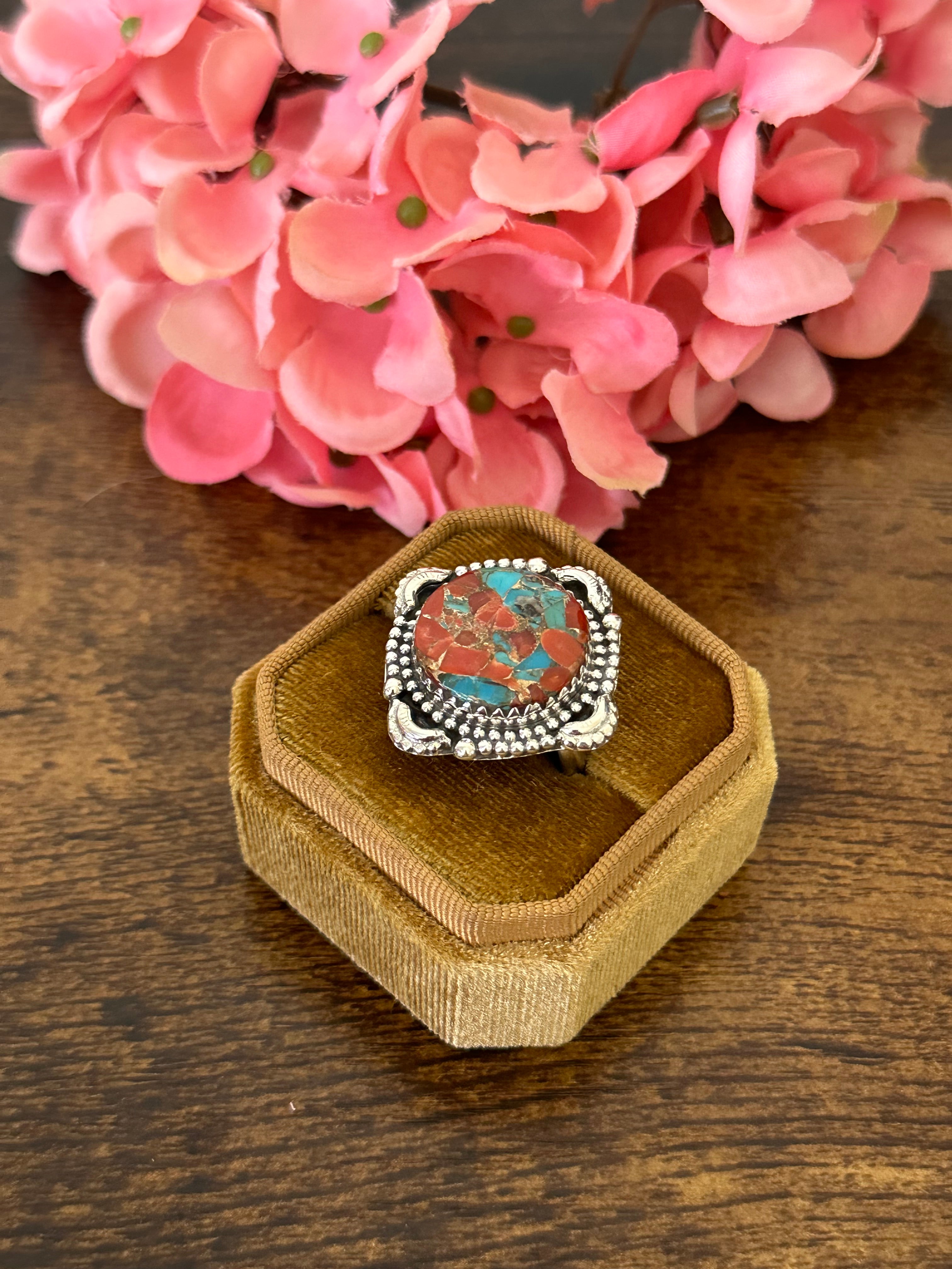 Southwest Handmade Red Mohave Turquoise & Sterling Silver Ring Size 8.5