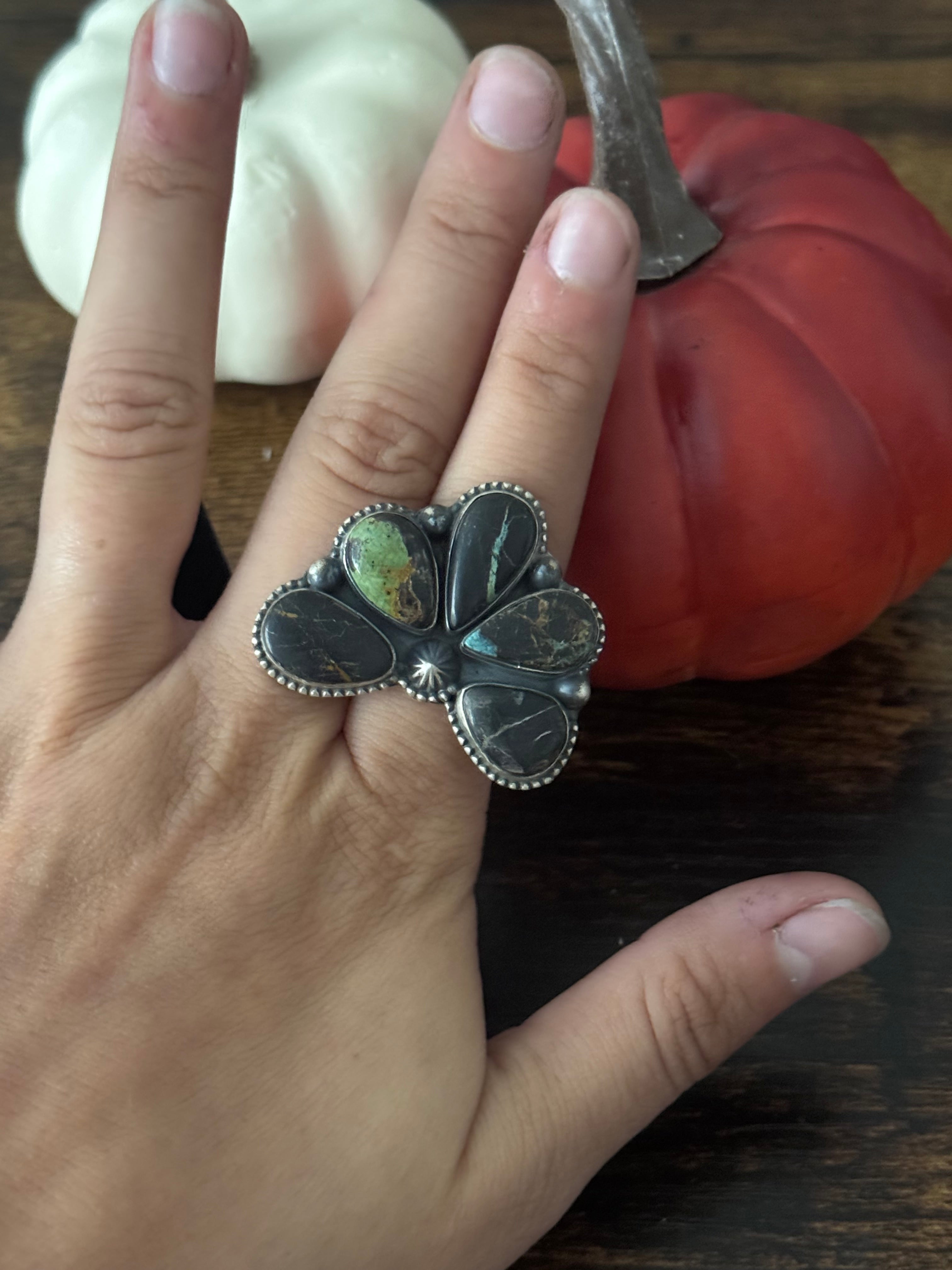 Southwest Handmade Black Jack Turquoise & Sterling Silver Adjustable Naja Ring