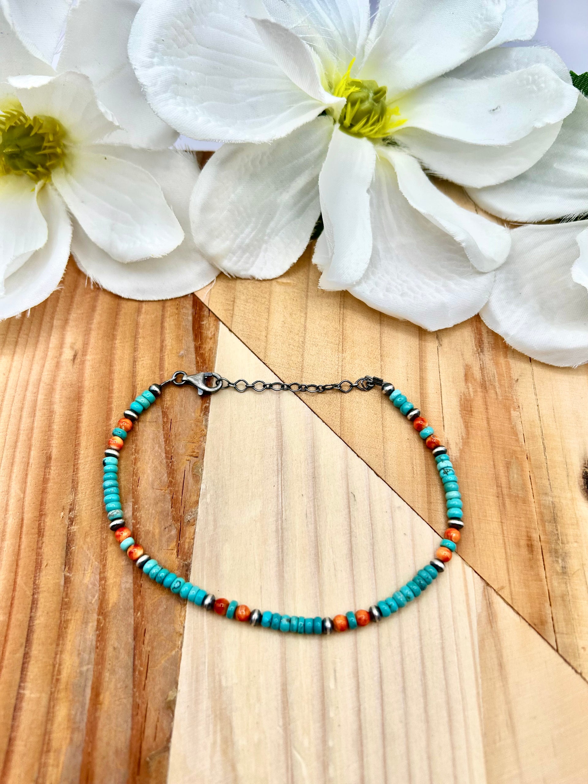 Navajo Made Multi Stone & Sterling Silver Strung Anklet