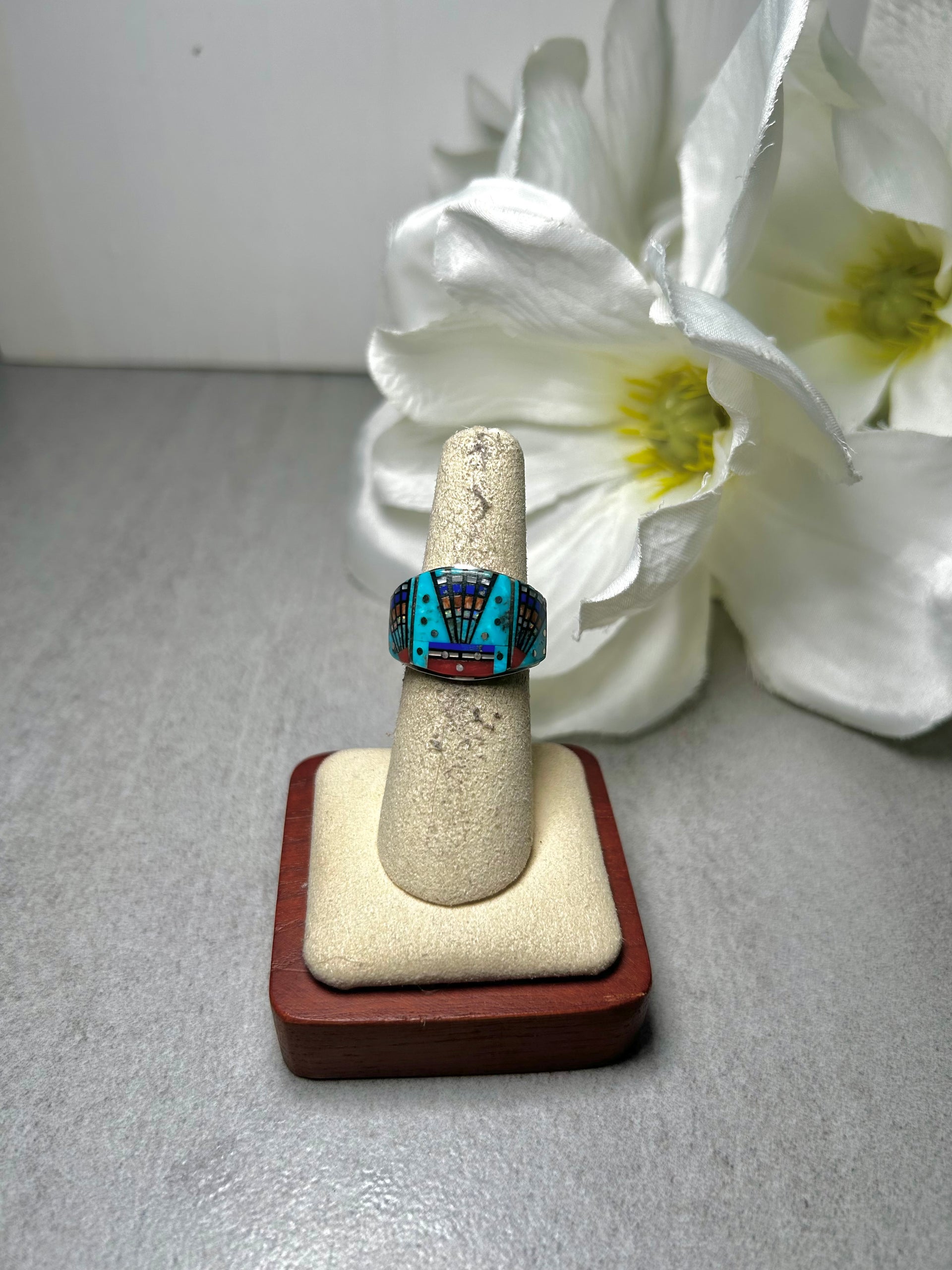 Navajo Made Multi Stone Galaxy Inlay & Sterling Silver Ring Size 6.25