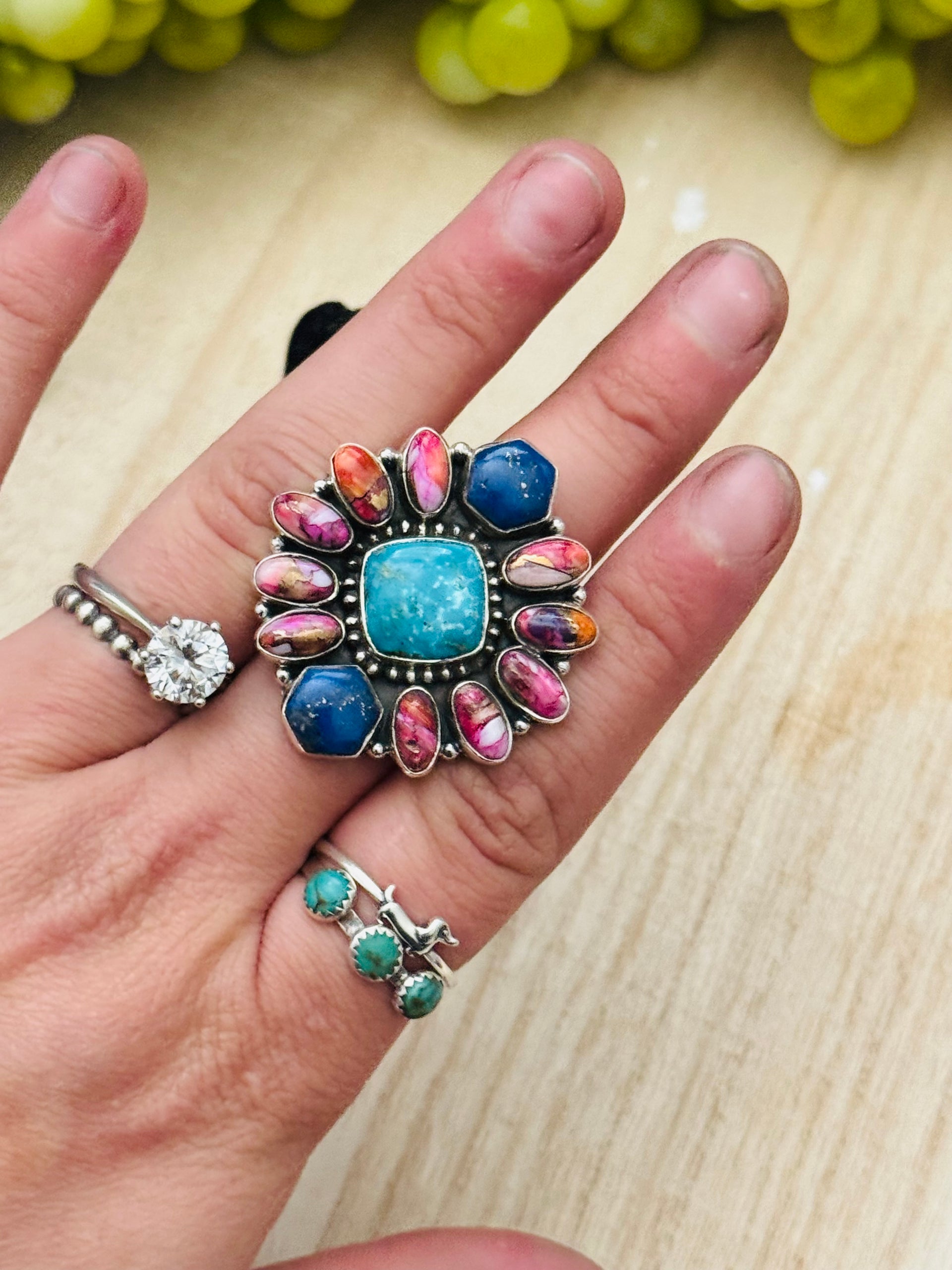 Southwest Handmade Multi Stone & Sterling Silver Adjustable Cluster Ring