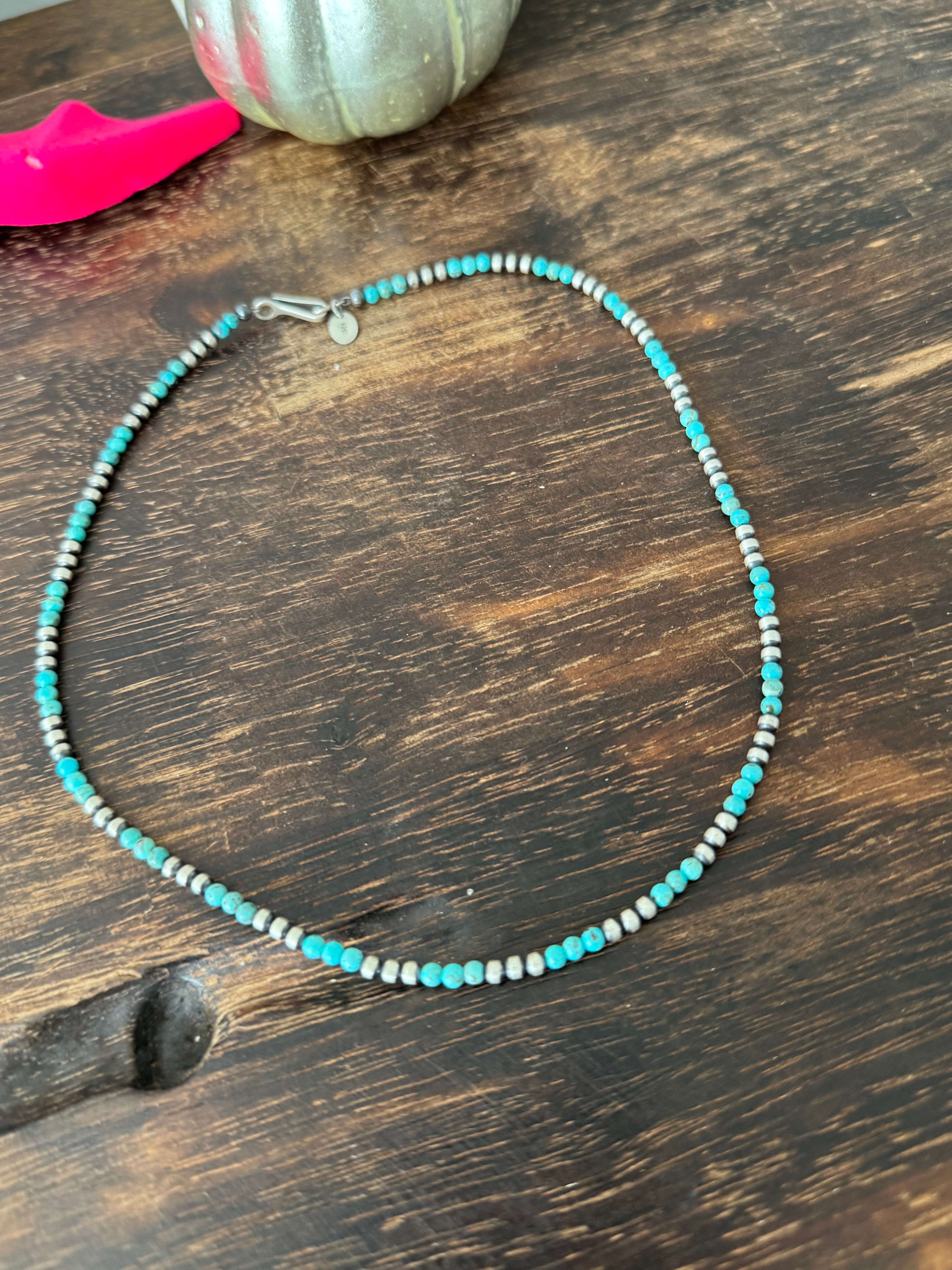 Navajo Strung Egyptian Turquoise & Sterling Silver 3MM Beaded Necklace