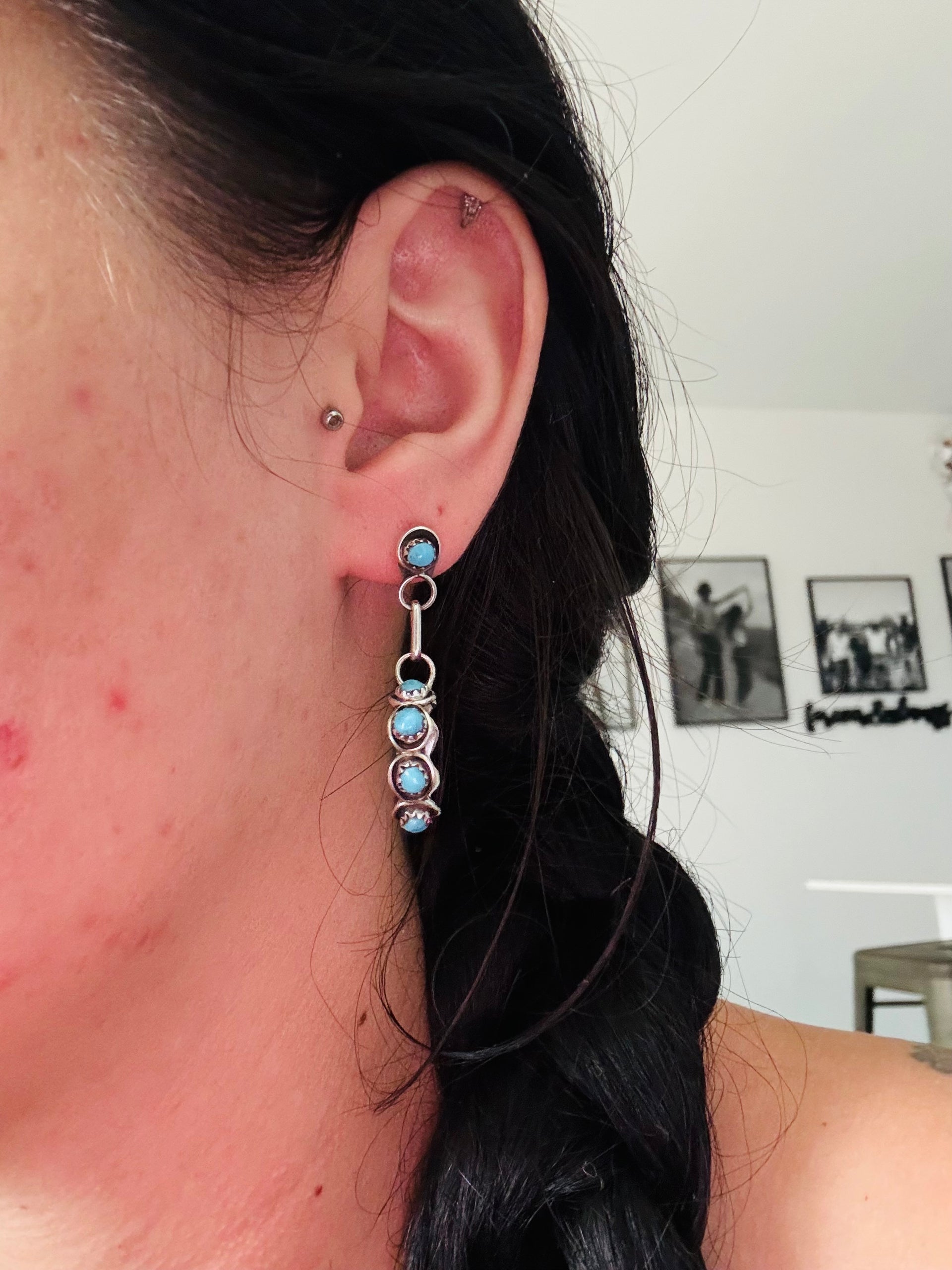 Zuni Made Kingman Turquoise & Sterling Silver Post Dangle Earrings