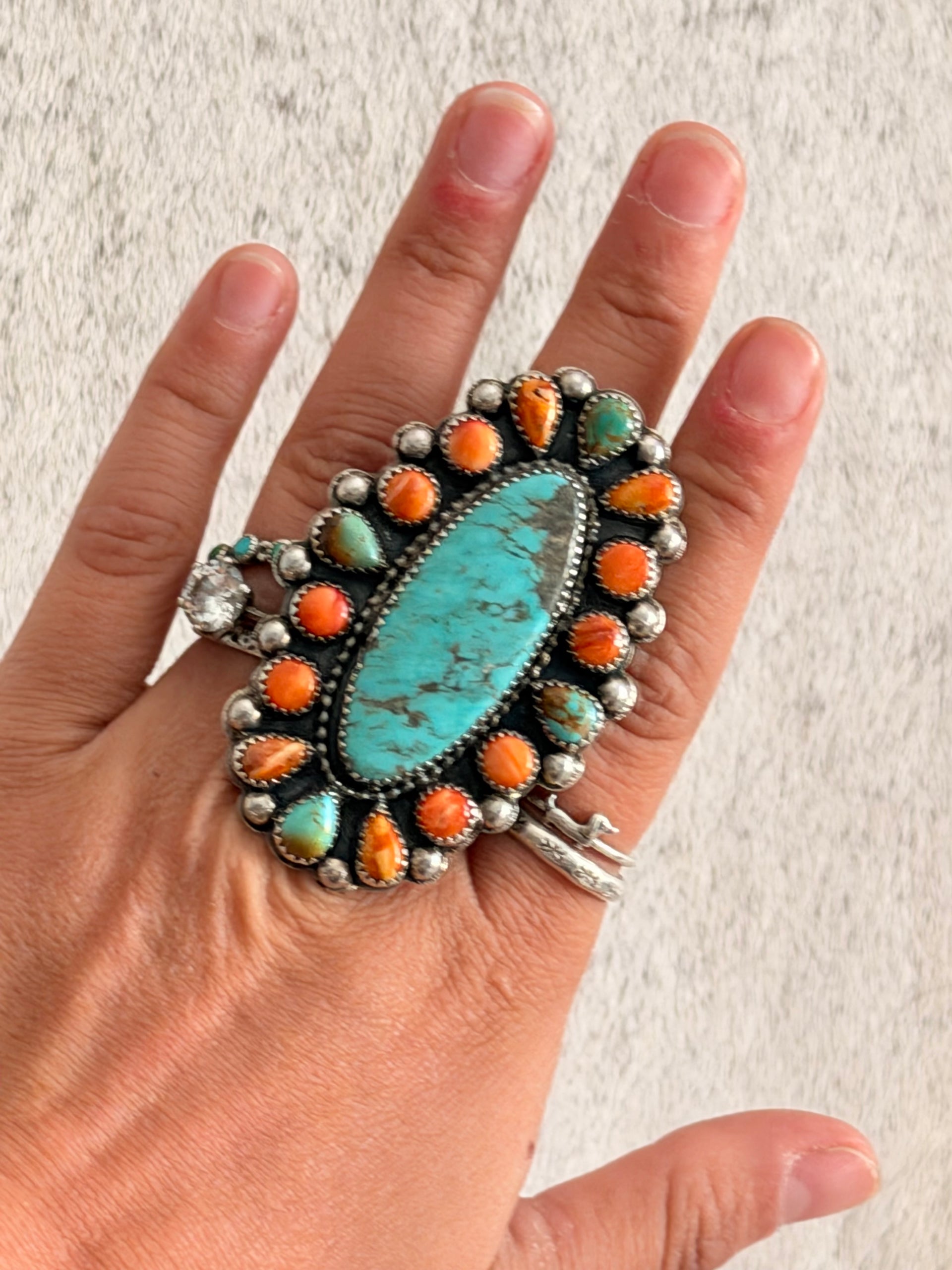 Navajo Made Multi Stone & Sterling Silver Cluster Adjustable Ring