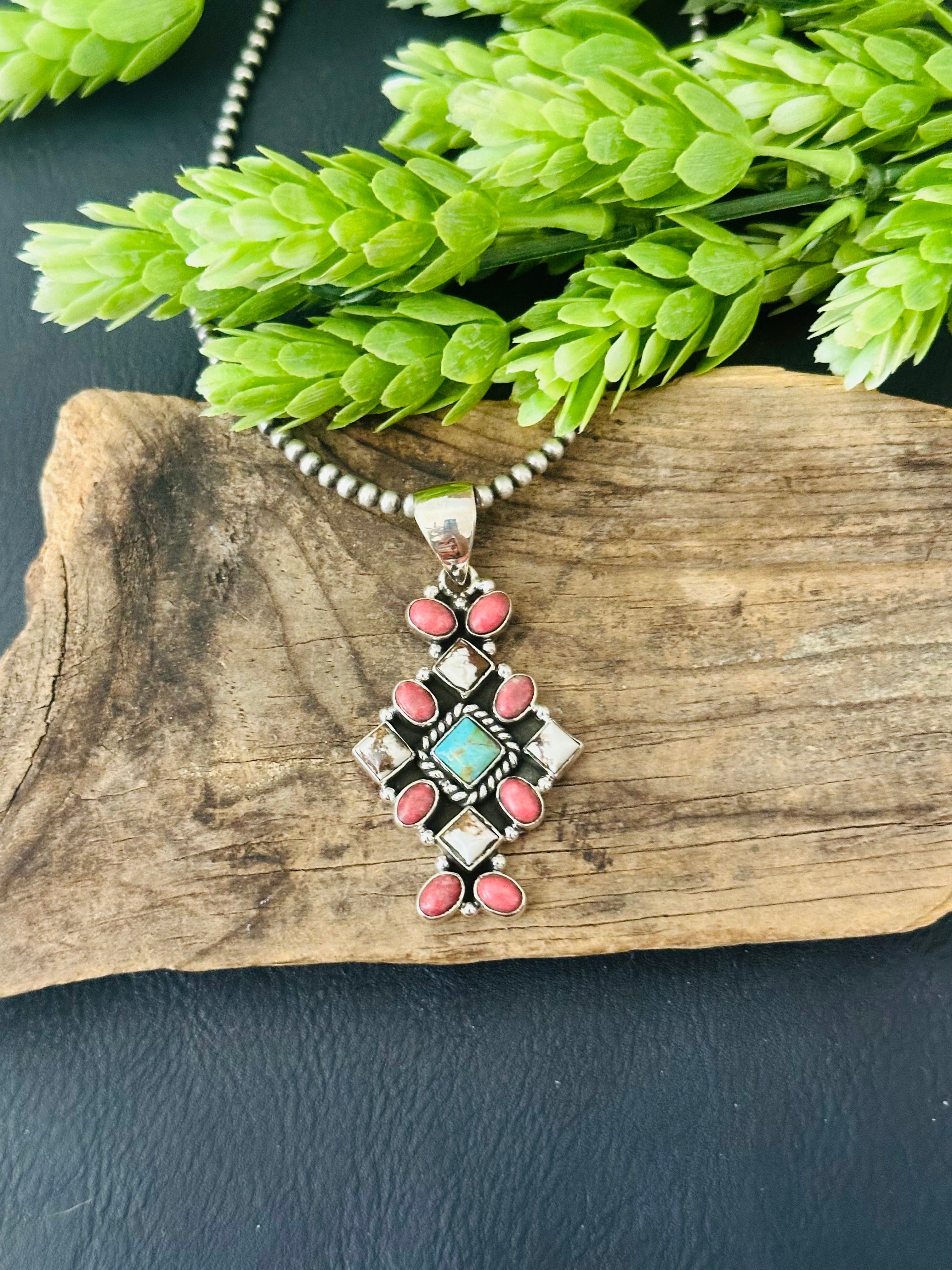 Southwest Handmade Multi Stone & Sterling Silver Cluster Pendant