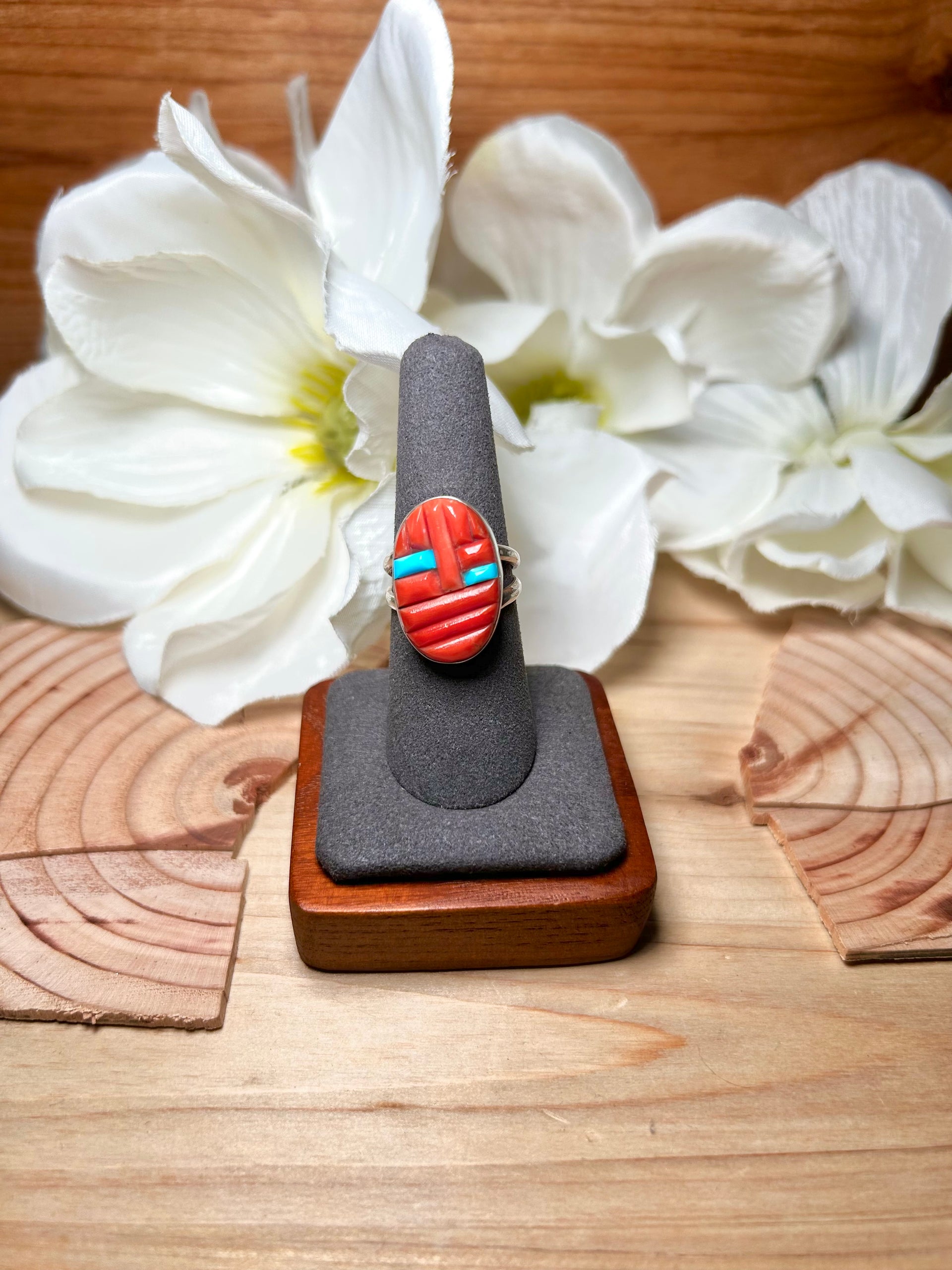 Navajo Made Multi Stone & Sterling Silver Ring Size 7.5