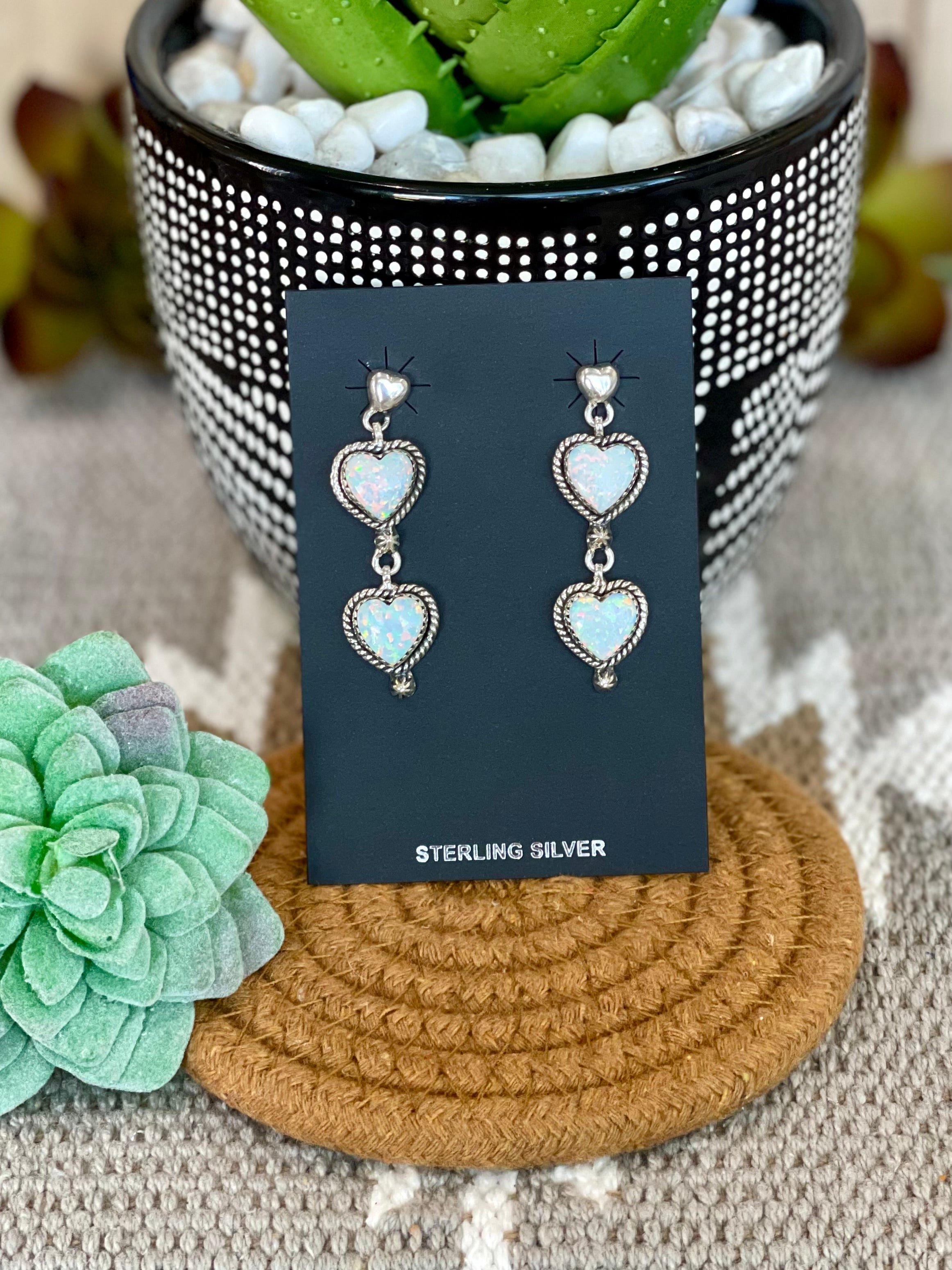 Southwest Handmade Opal & Sterling Silver Post Dangle Heart Earrings