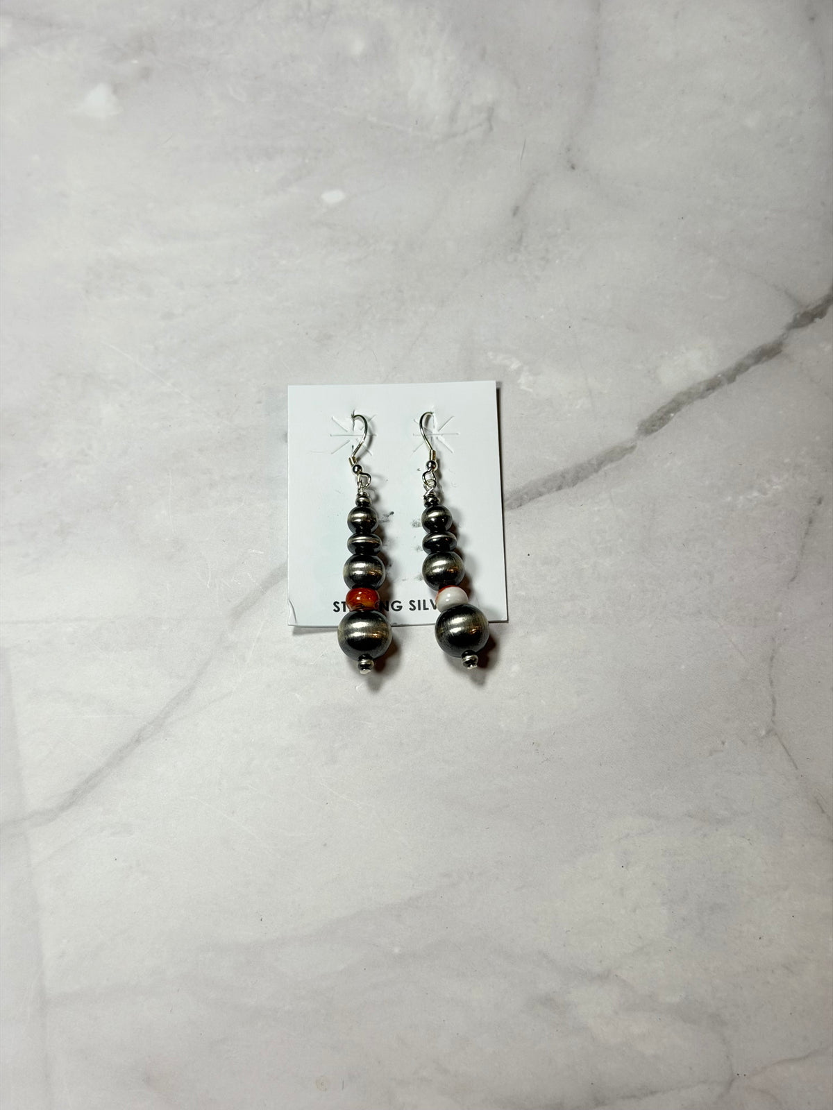 Navajo Strung Spiny Oyster & Sterling Silver Machine Made Pearl Dangle Earrings
