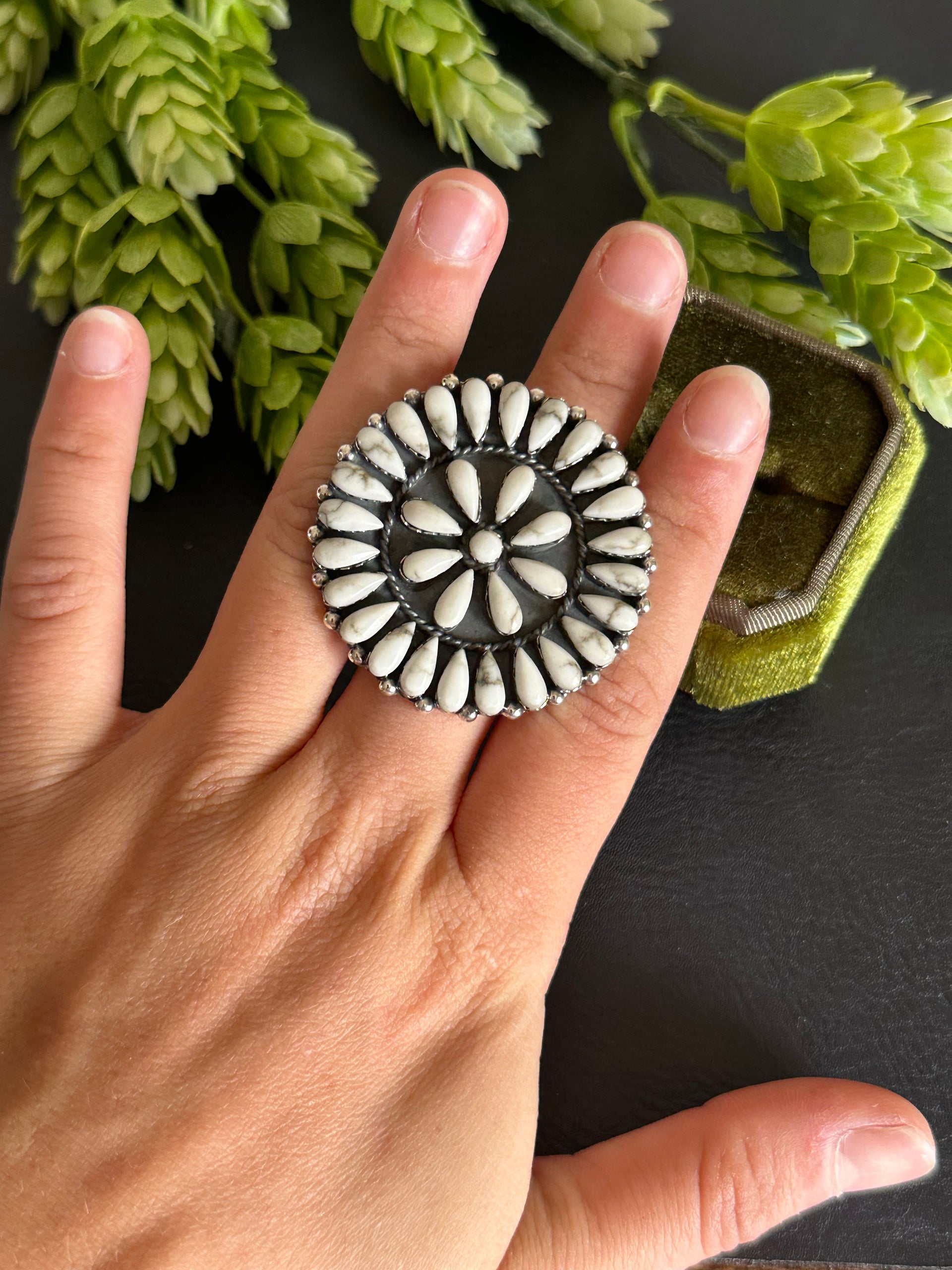Southwest Handmade White Buffalo & Sterling Silver Adjustable Cluster Ring
