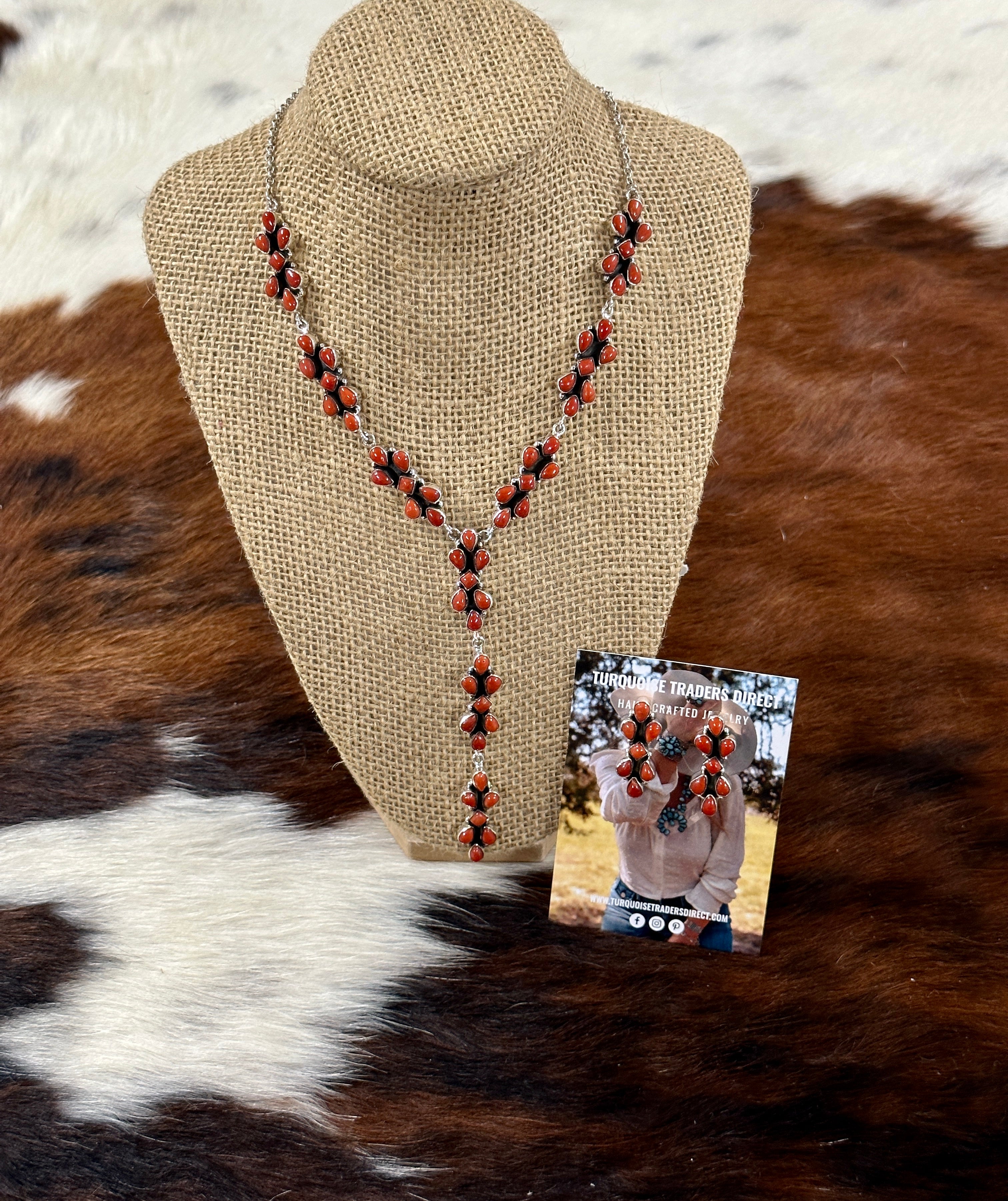 Southwest Handmade Natural Red Coral & Sterling Silver Necklace Set