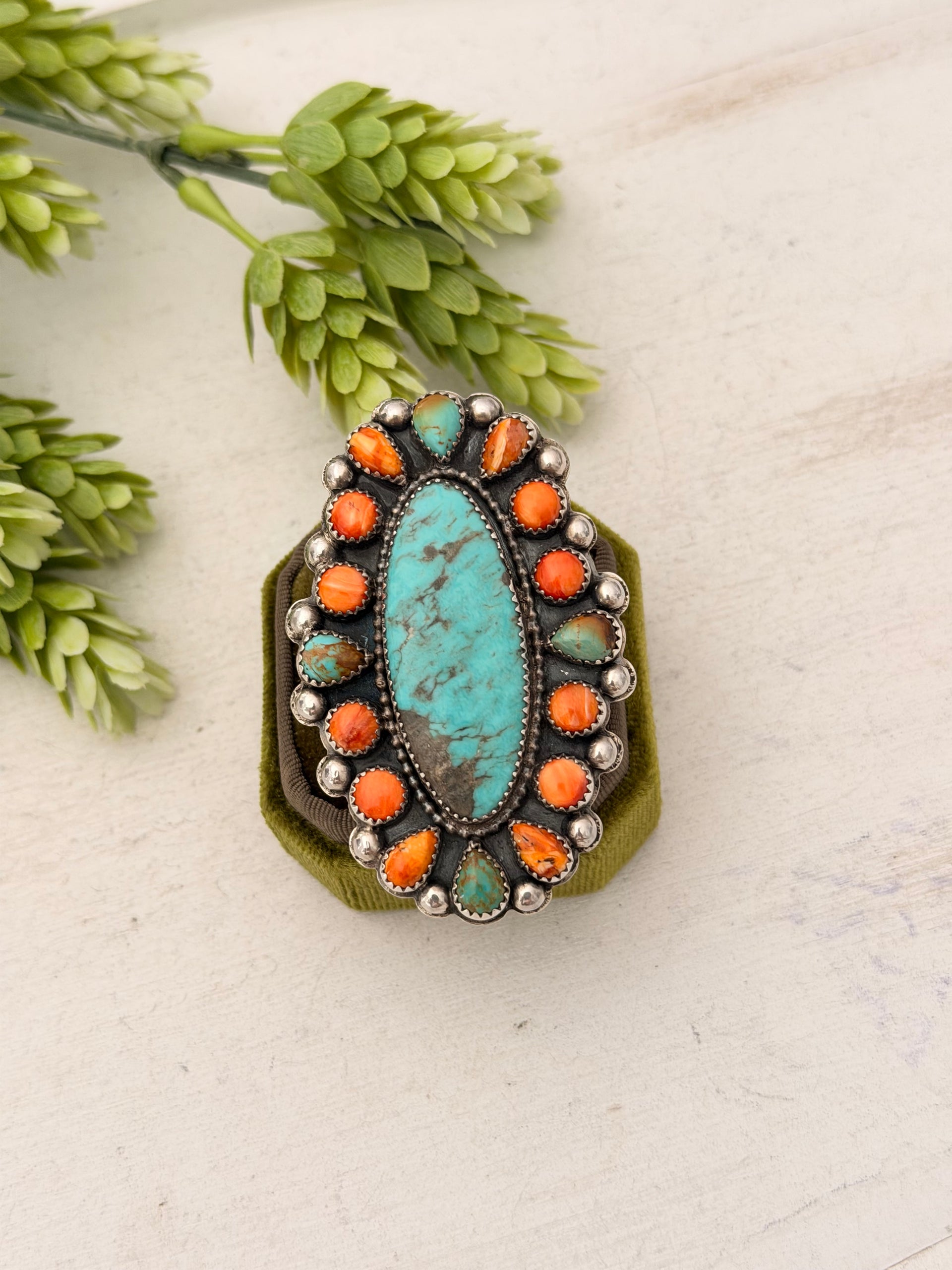 Navajo Made Multi Stone & Sterling Silver Cluster Adjustable Ring