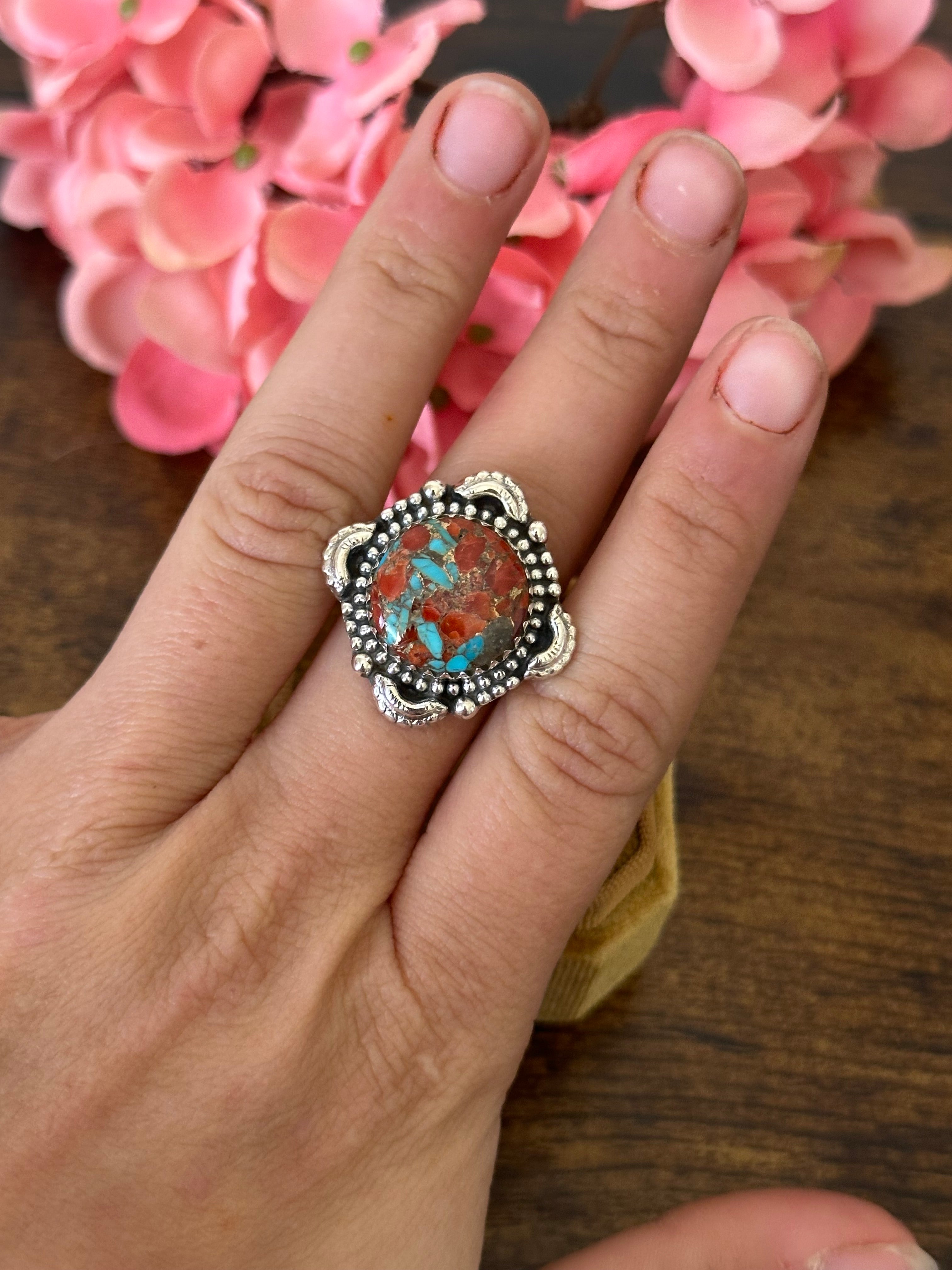 Southwest Handmade Red Mohave Turquoise & Sterling Silver Ring Size 7.75