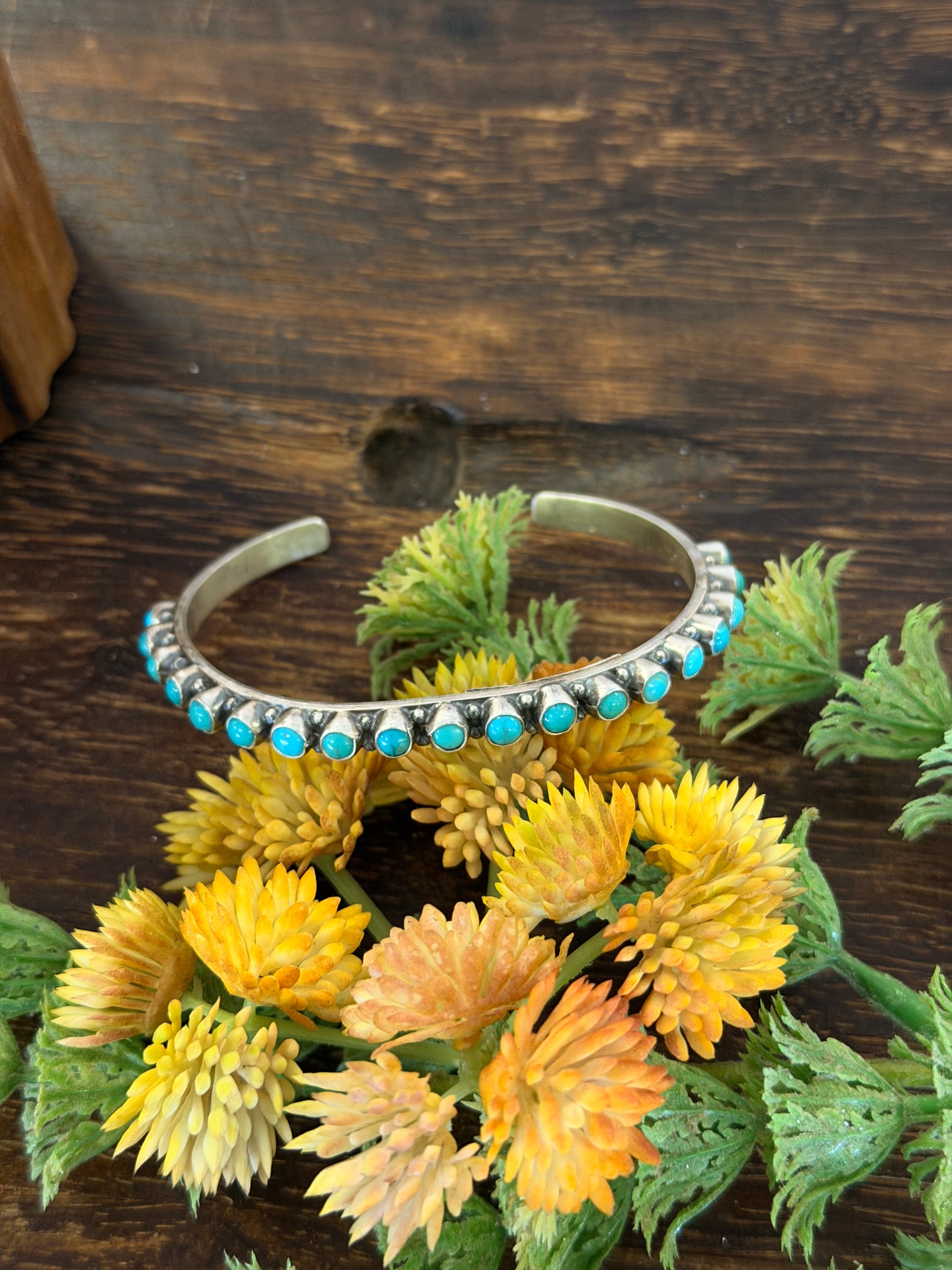 Sheila Tso Kingman Turquoise & Sterling Silver Cluster Cuff Bracelet