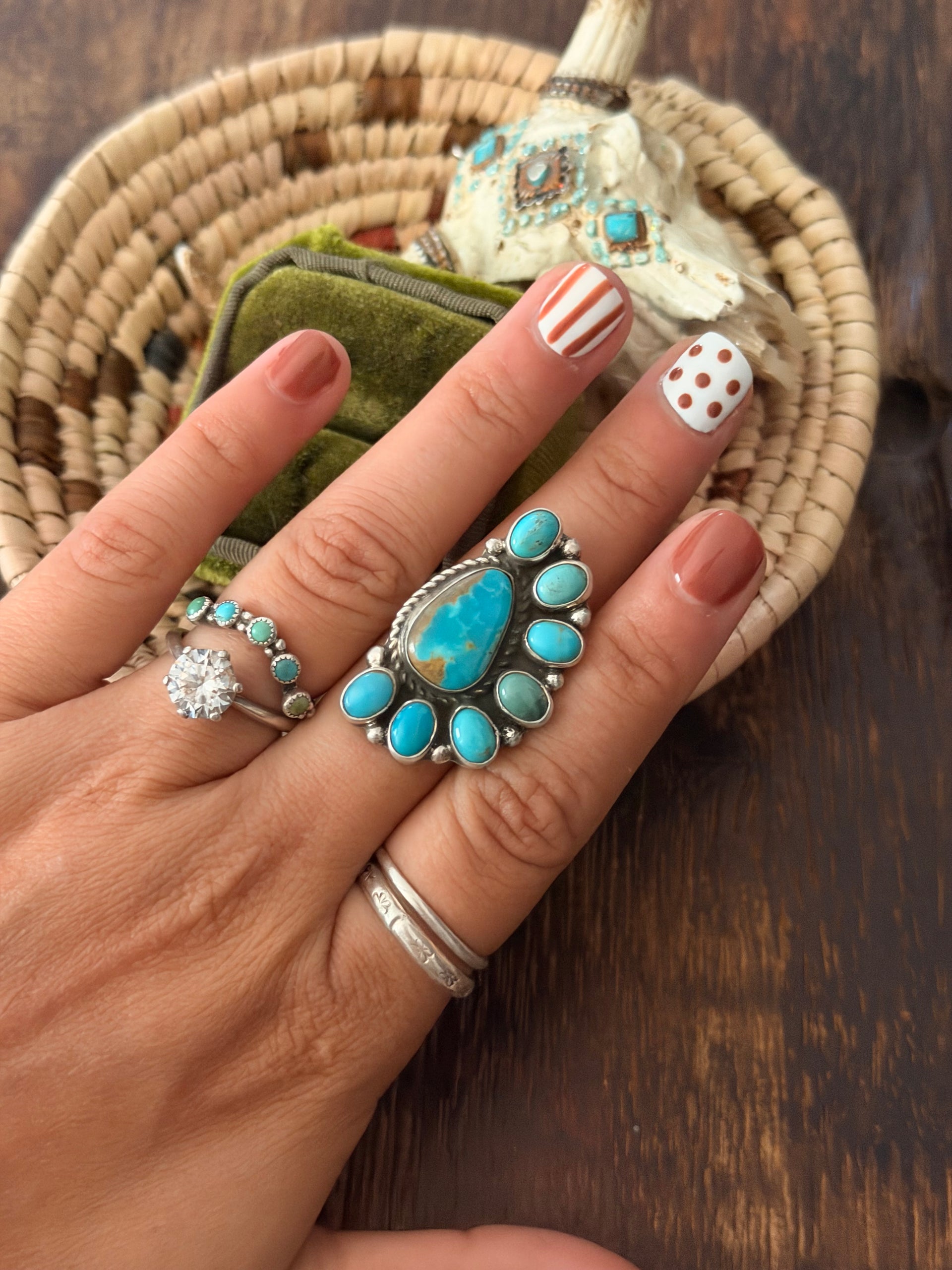Geraldine James Kingman Turquoise & Sterling Silver Cluster Adjustable Ring