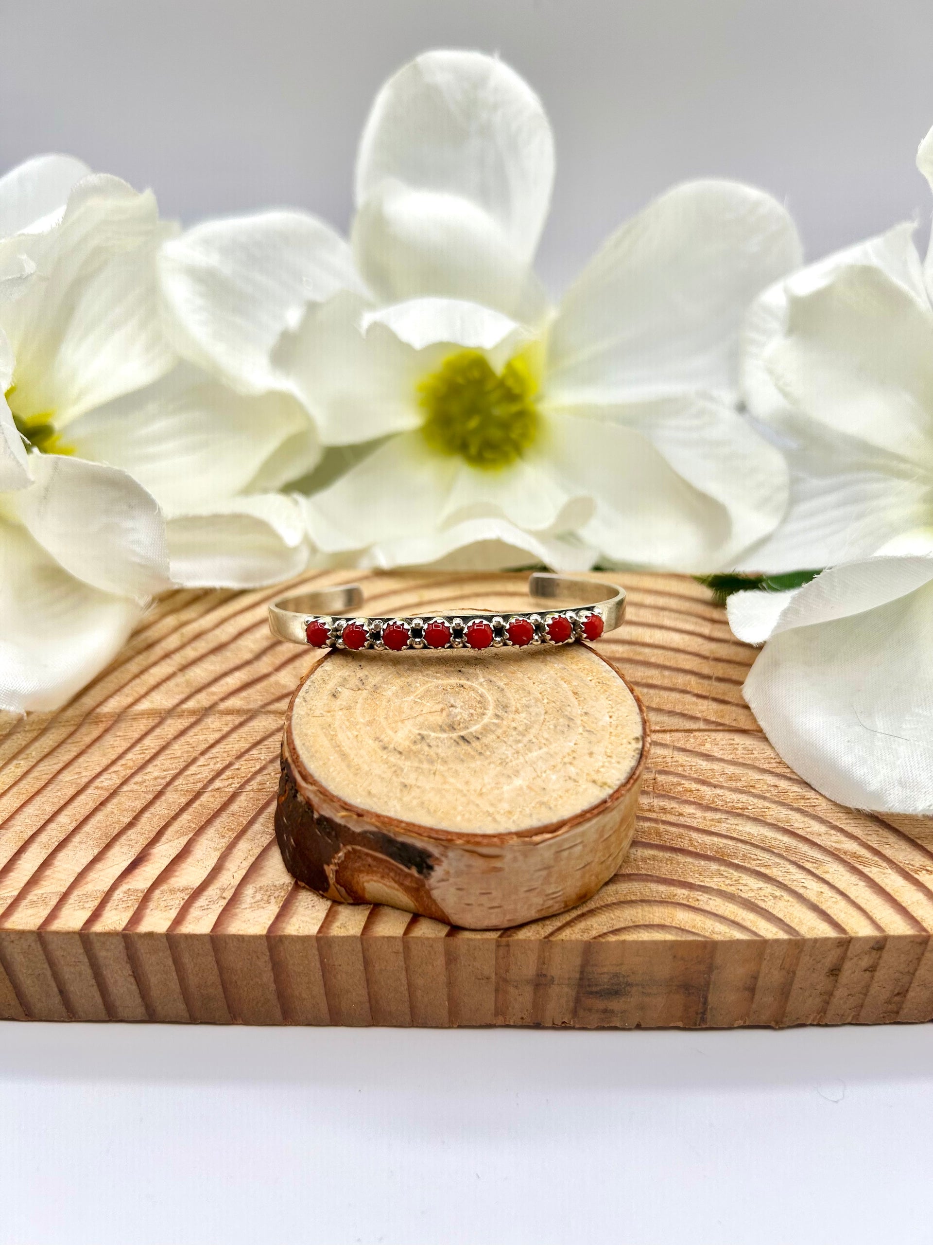 Navajo Made Coral & Sterling Silver Cuff Bracelet