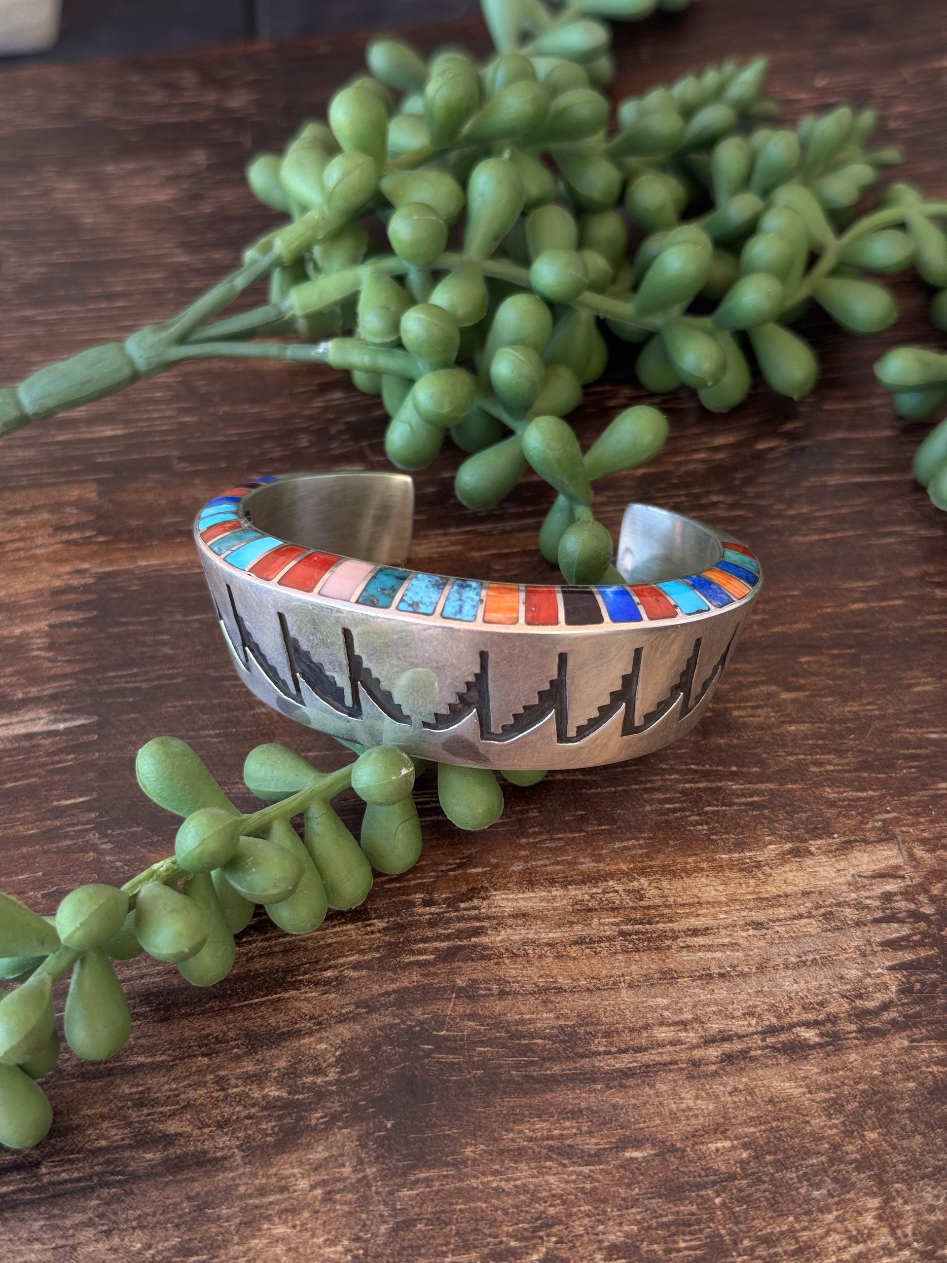 Navajo Made Multi Stone & Sterling Silver Inlay Cuff Bracelet