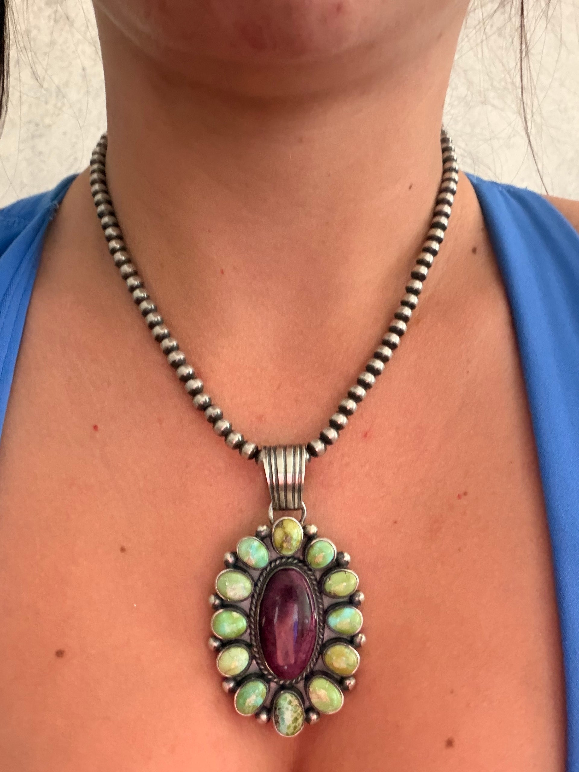 Navajo Made Multi Stone & Sterling Silver Cluster Pendant
