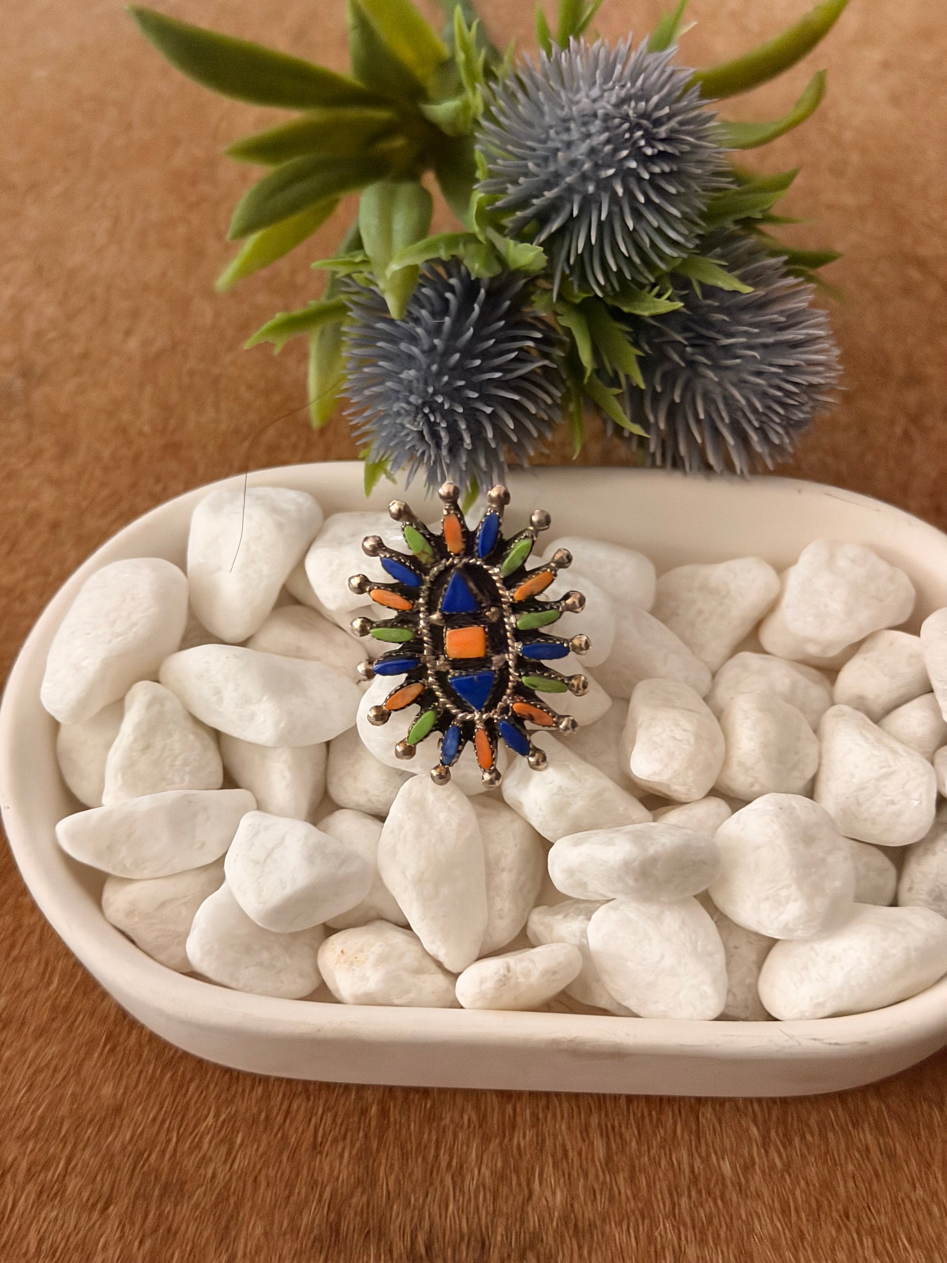 Zuni Made Multi Stone & Sterling Silver Cluster Petite Ring Size 5.75