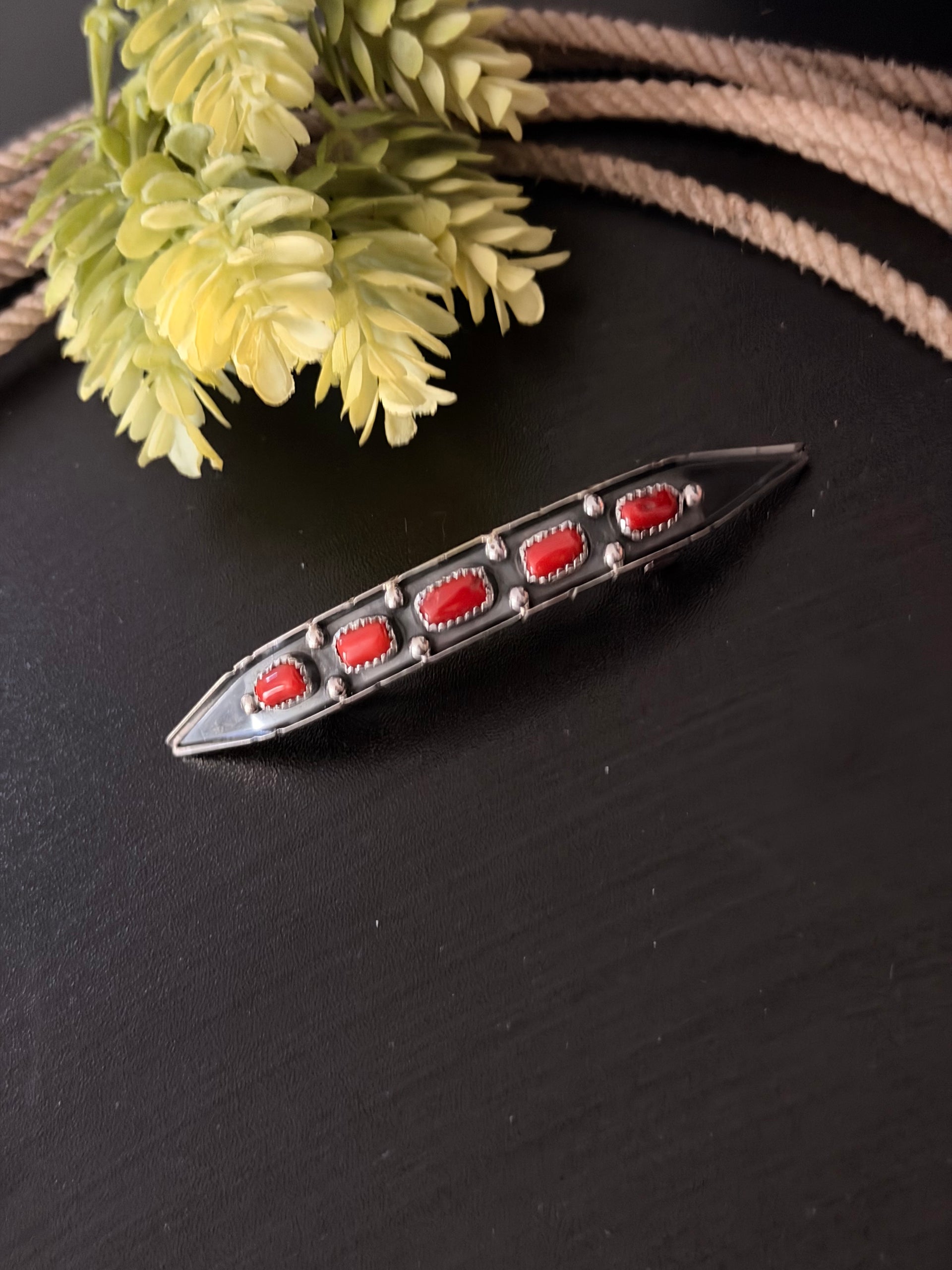 Navajo Made Mediterranean Coral & Sterling Silver Hair Barrette