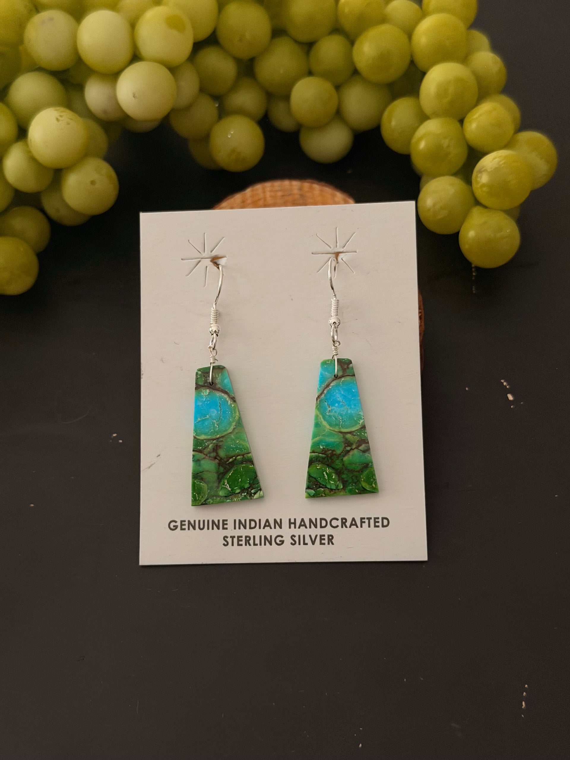 Navajo Made Green Mohave Turquoise & Sterling Silver Slab Dangle Earrings