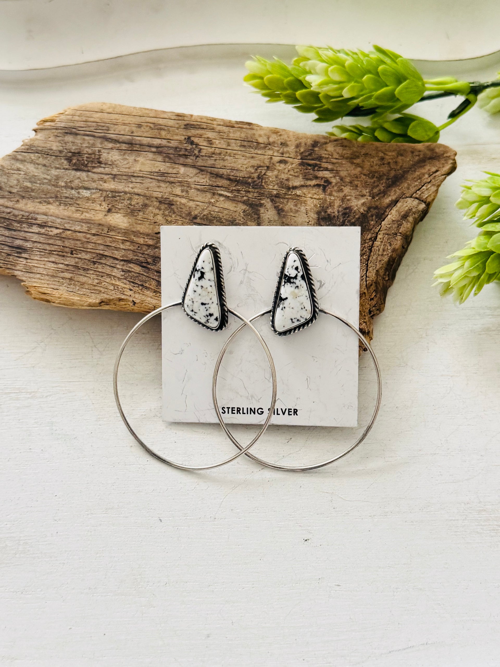 Elouise Kee White Buffalo & Sterling Silver Post Dangle Hoop Earrings