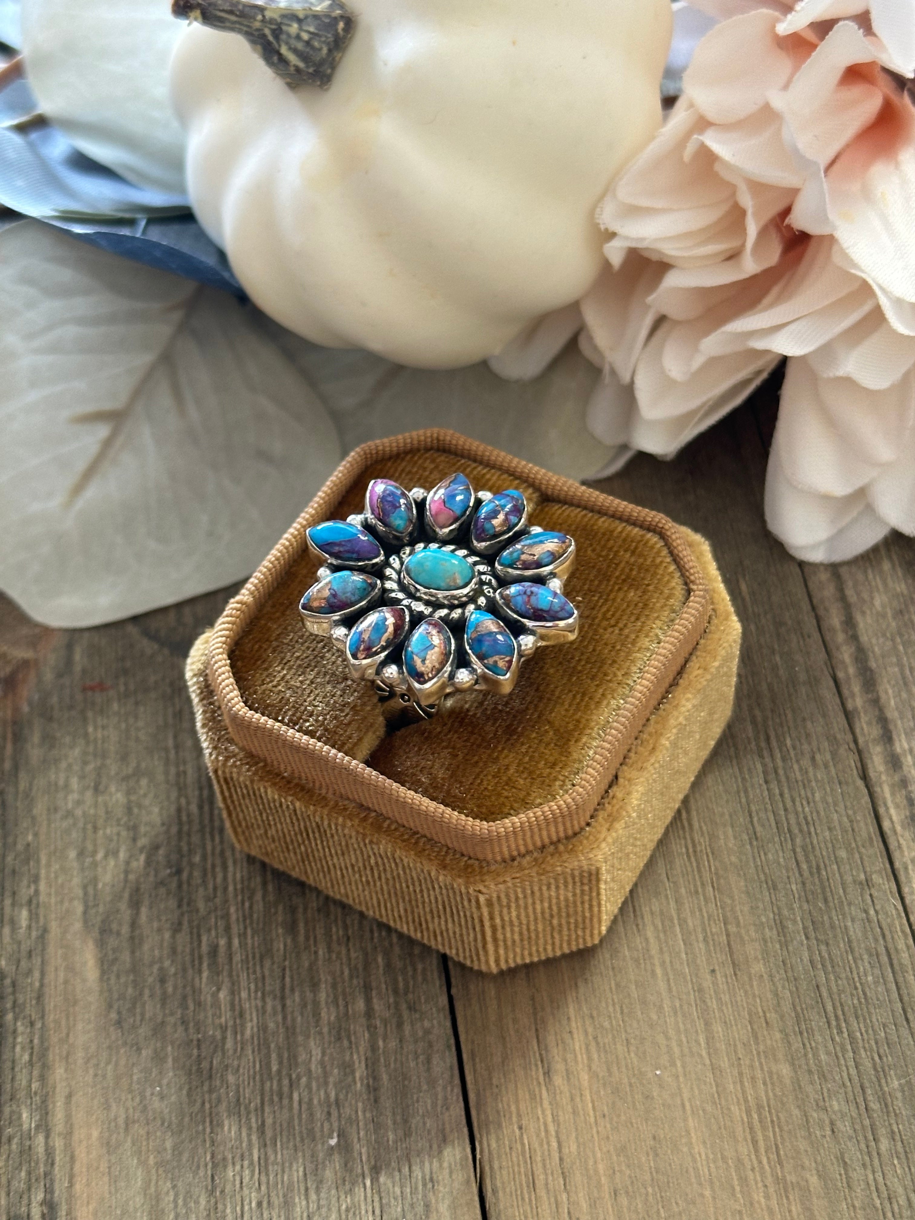 Southwest Handmade Mohave Turquoise & Sterling Silver Adjustable Cluster Ring