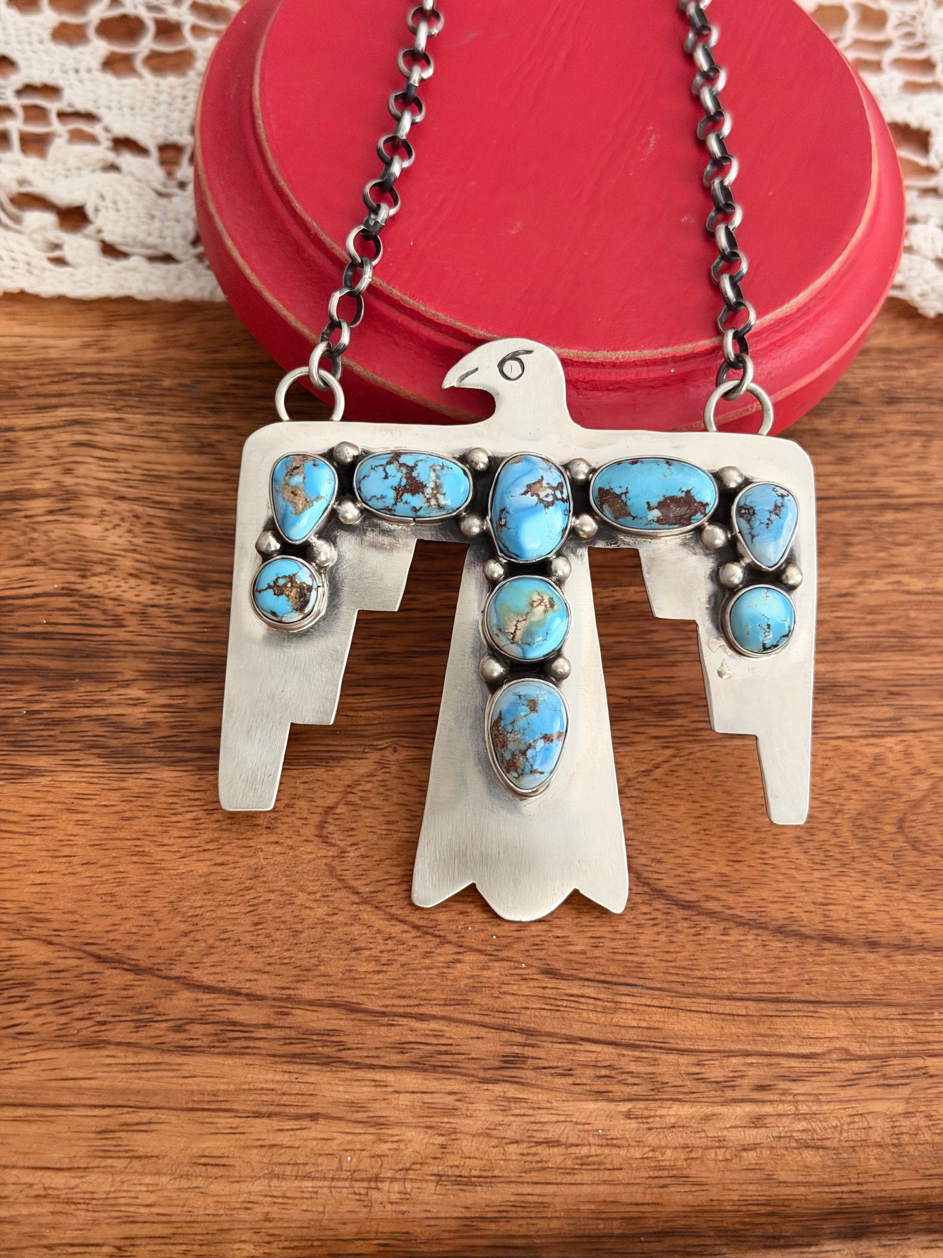 Russell Sam Golden Hills Turquoise & Sterling Silver Cluster Thunderbird Necklace