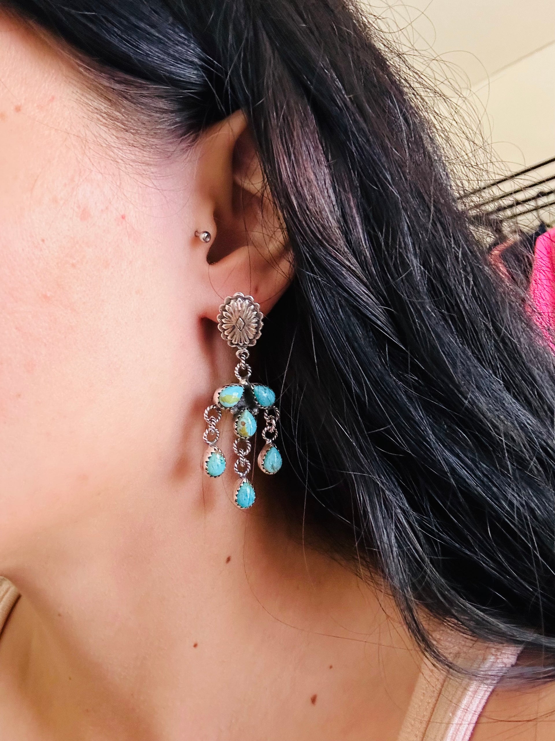 Southwest Handmade Kingman Turquoise & Sterling Silver Post Dangle Earrings