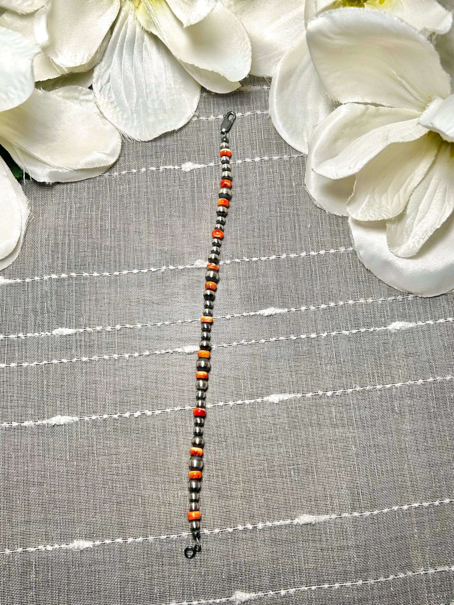 Navajo Made Strung Spiny Oyster & Sterling Silver Link Bracelet