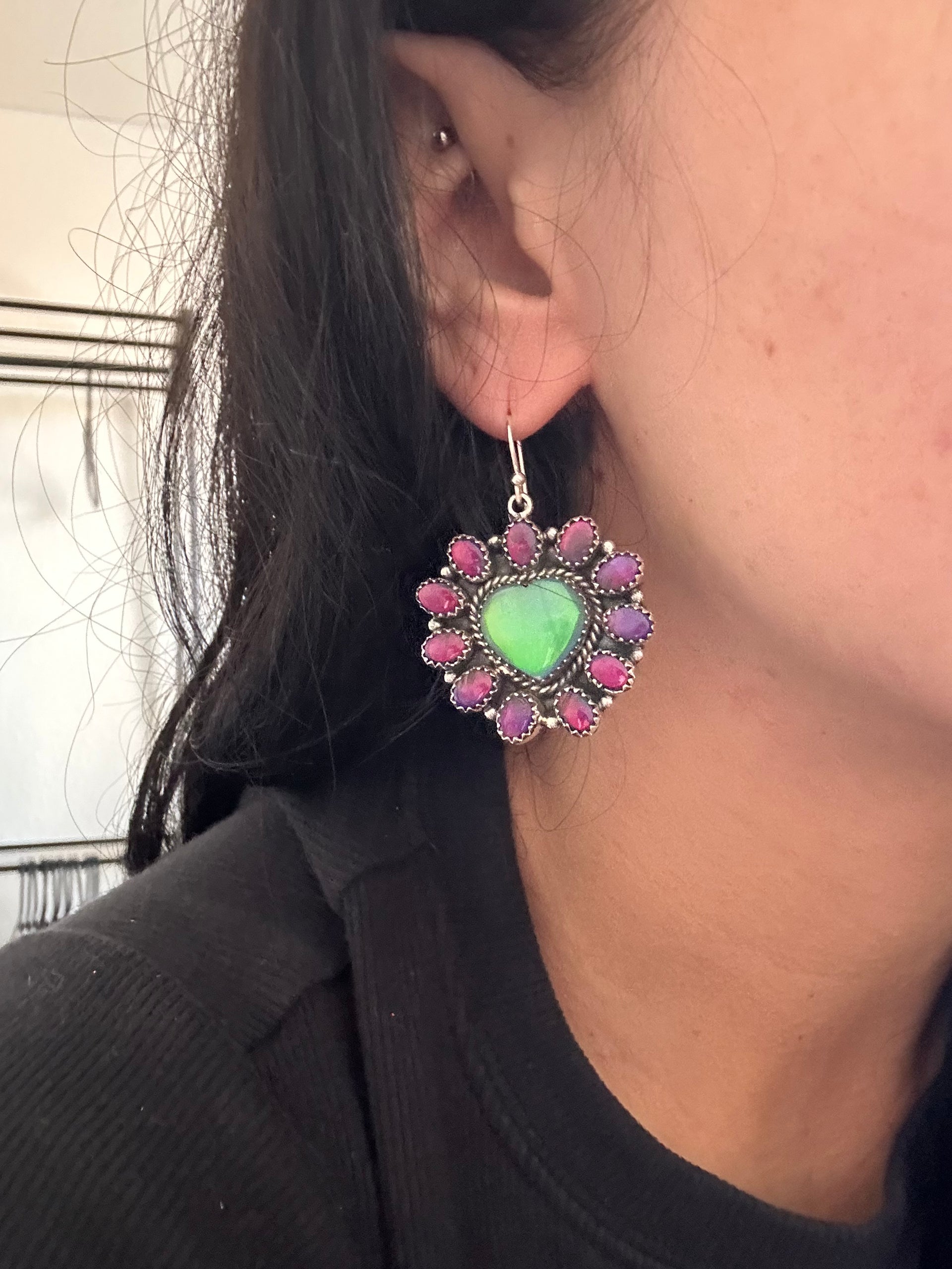 Southwest Handmade Opal & Sterling Silver Dangle Cluster Heart Earrings