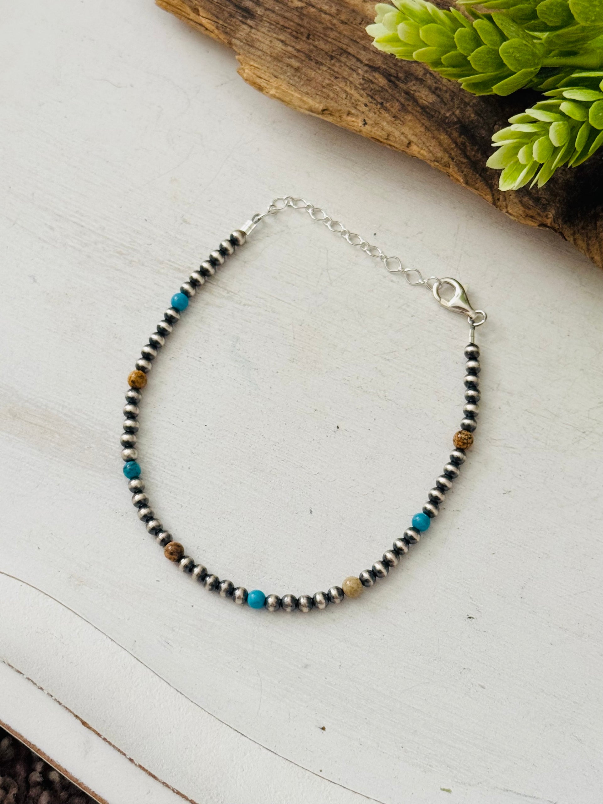 Navajo Made Multi Stone & Sterling Silver Strung Anklet