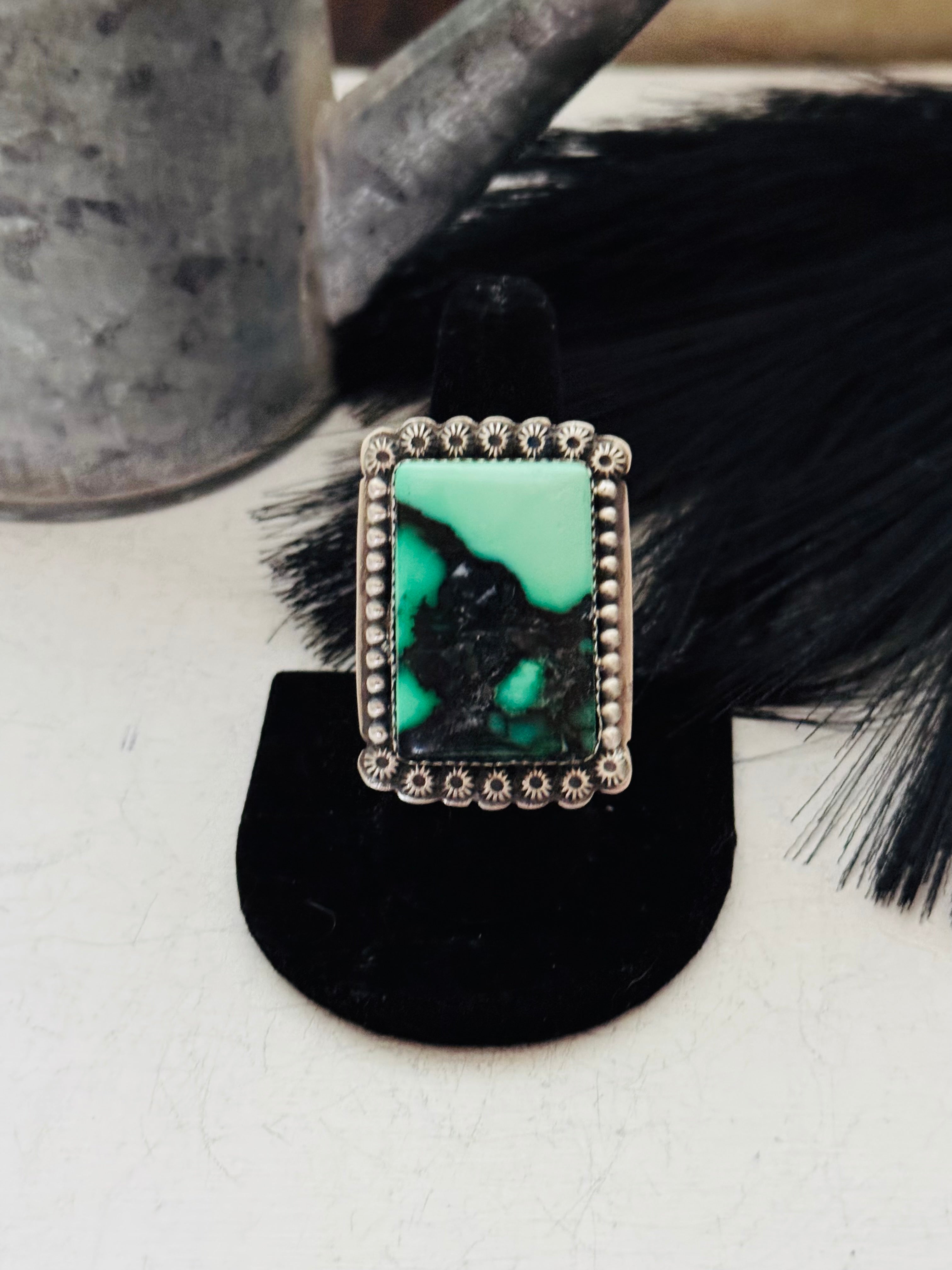 Navajo Made Emerald Rose Variscite & Sterling Silver Ring Size 8.5