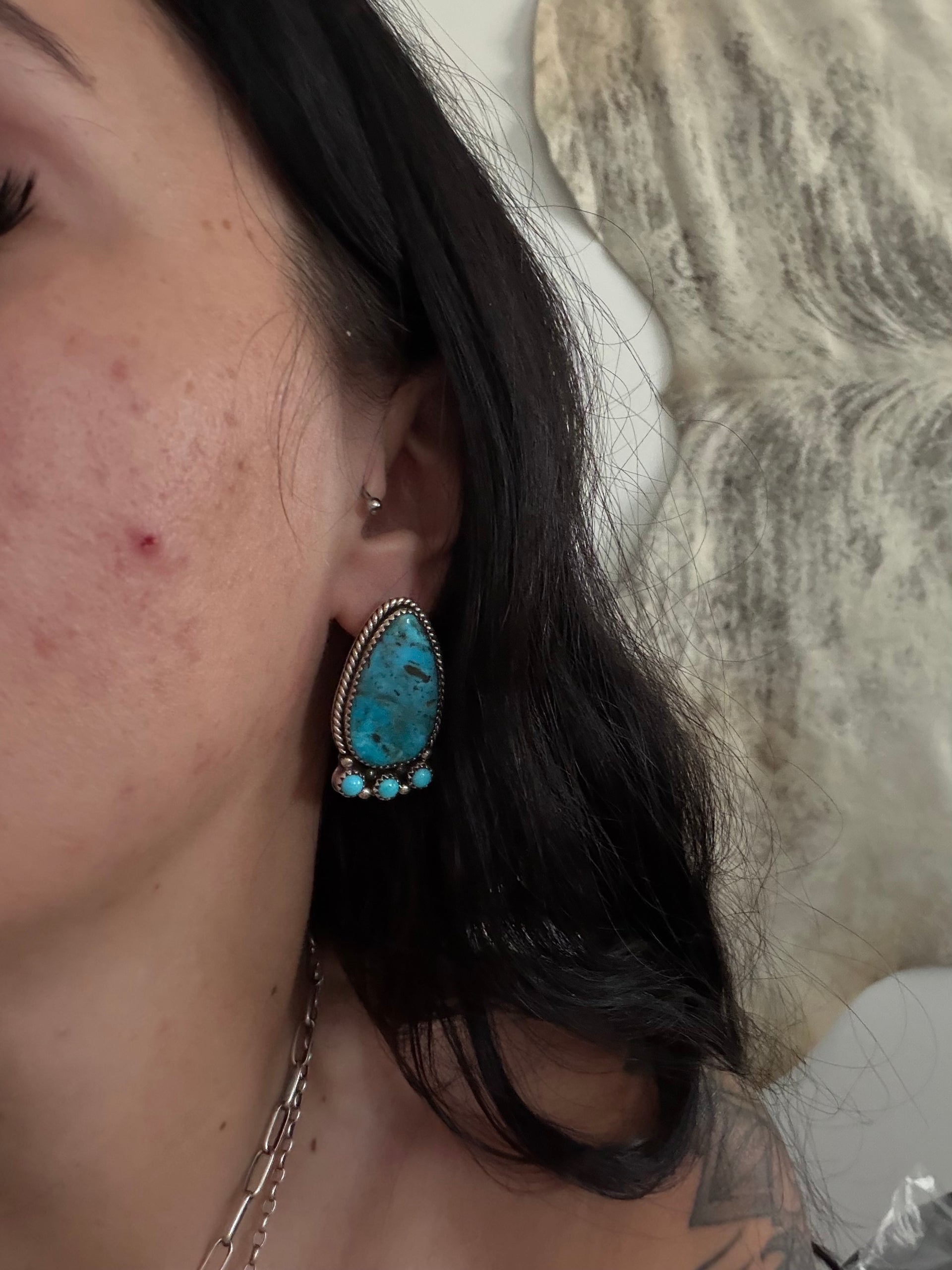 Navajo Made Multi Stone & Sterling Silver Post Dangle Cluster Earrings