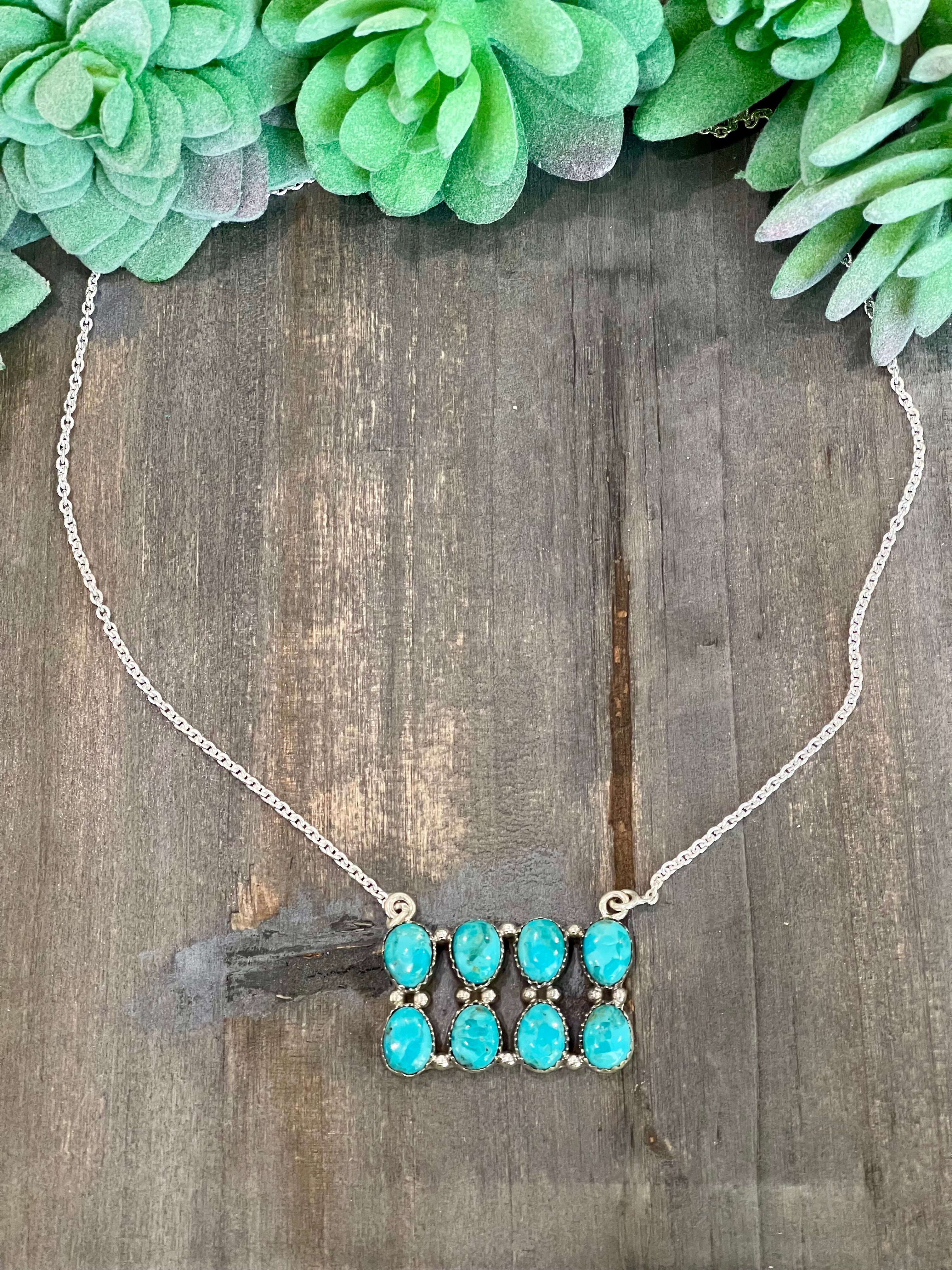 Southwest Handmade Kingman Turquoise & Sterling Silver Cluster Bar Necklace