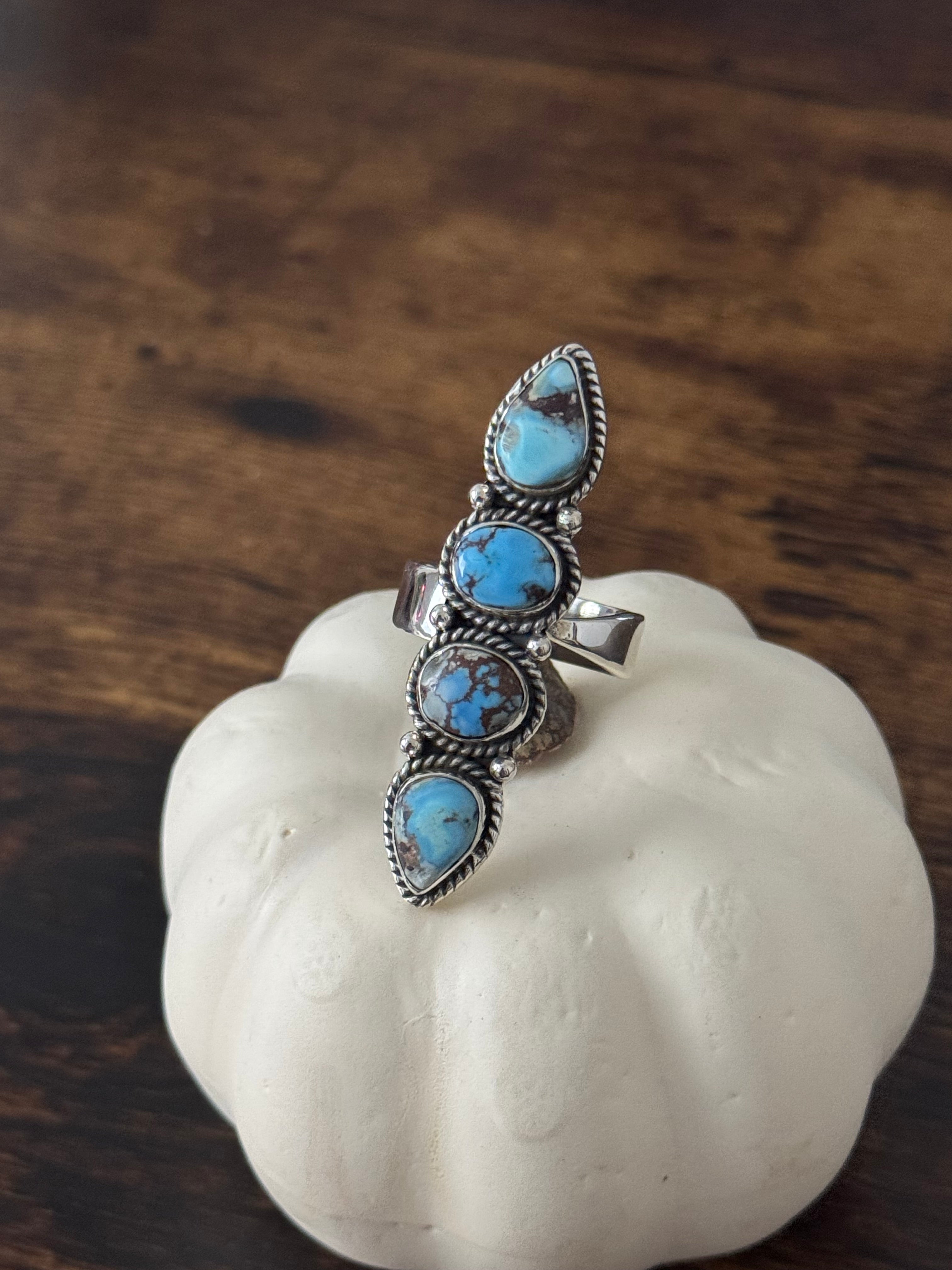 Southwest Handmade Golden Hills Turquoise & Sterling Silver Adjustable Cluster Ring