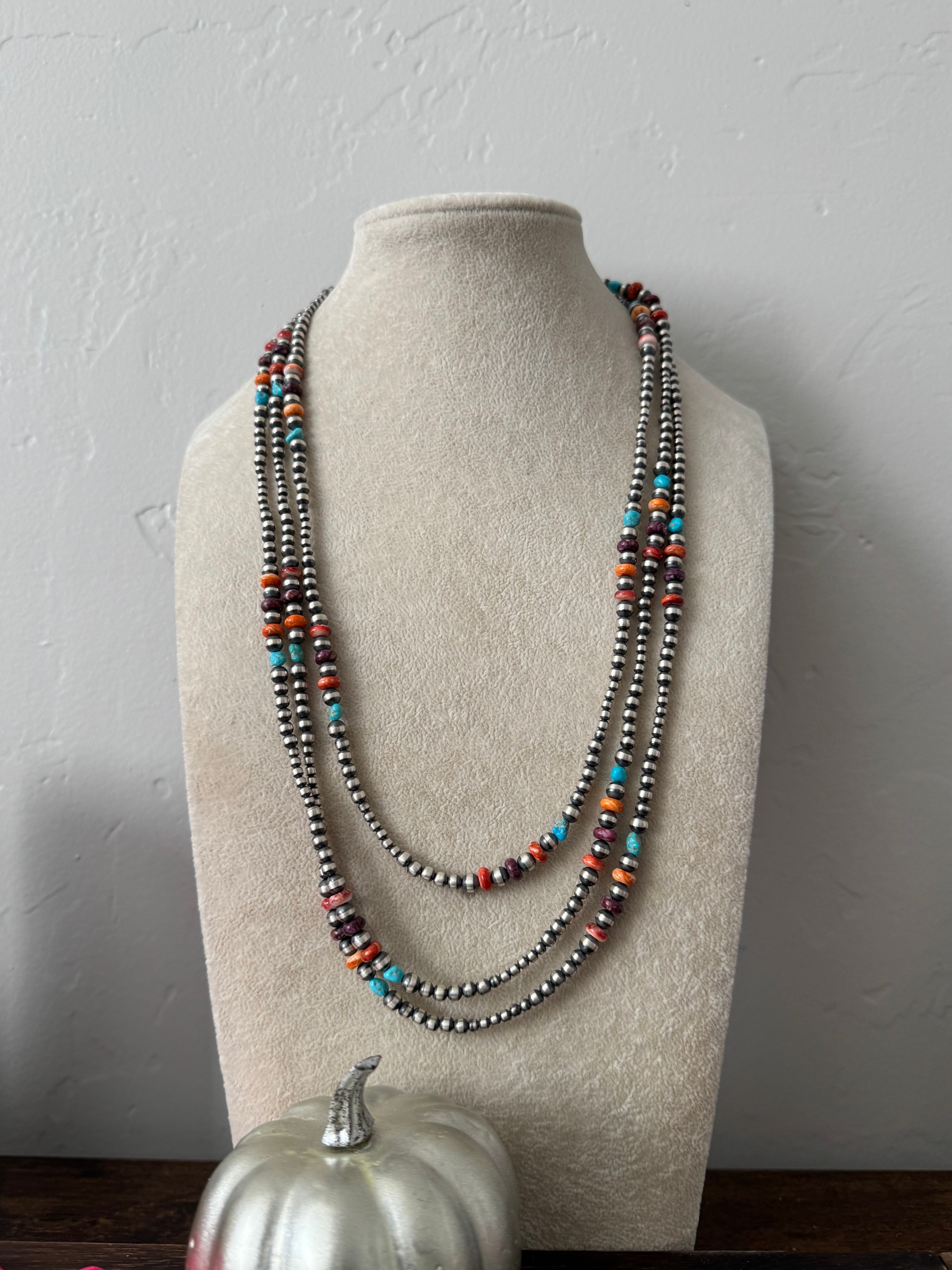 Navajo Strung Multi Stone & Sterling Silver Graduated Pearl Necklace