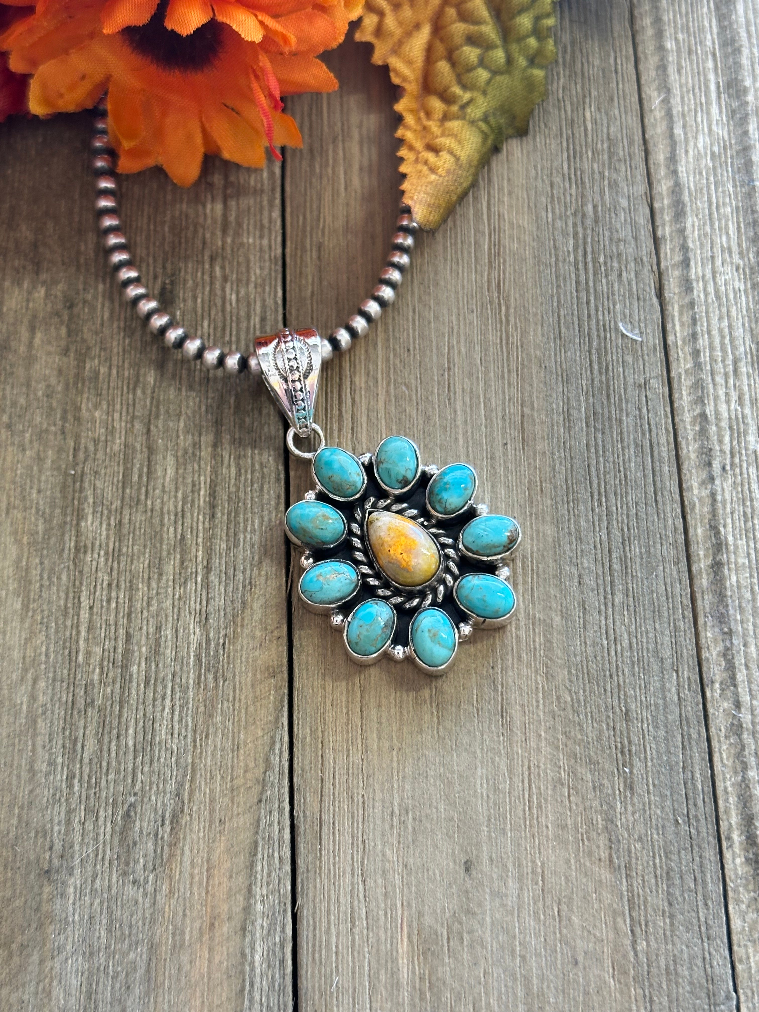 Southwest Handmade Multi Stone & Sterling Silver Cluster Pendant