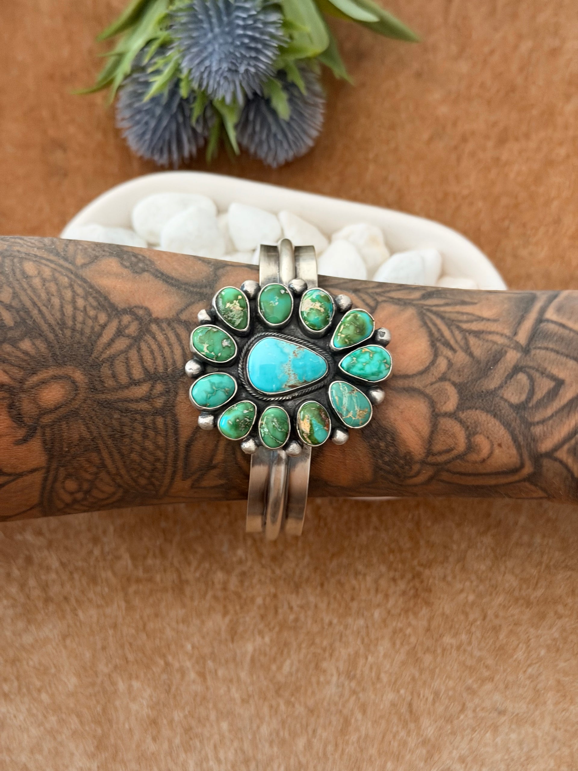 Bobby Johnson Mixed Turquoise & Sterling Silver Cluster Cuff Bracelet