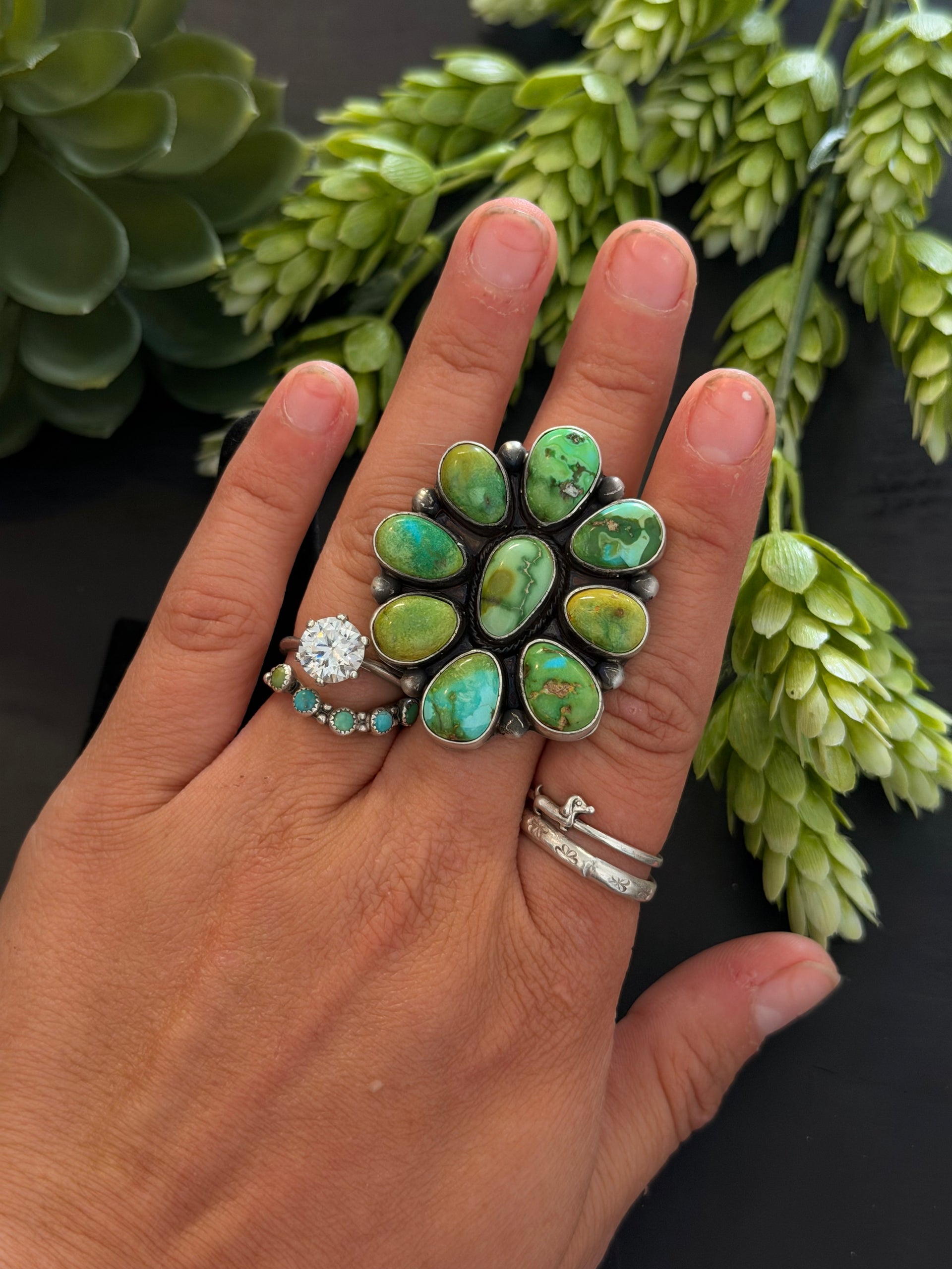 Timothy Yazzie Sonoran Mountain Turquoise & Sterling Silver Cluster Ring Size 7.25