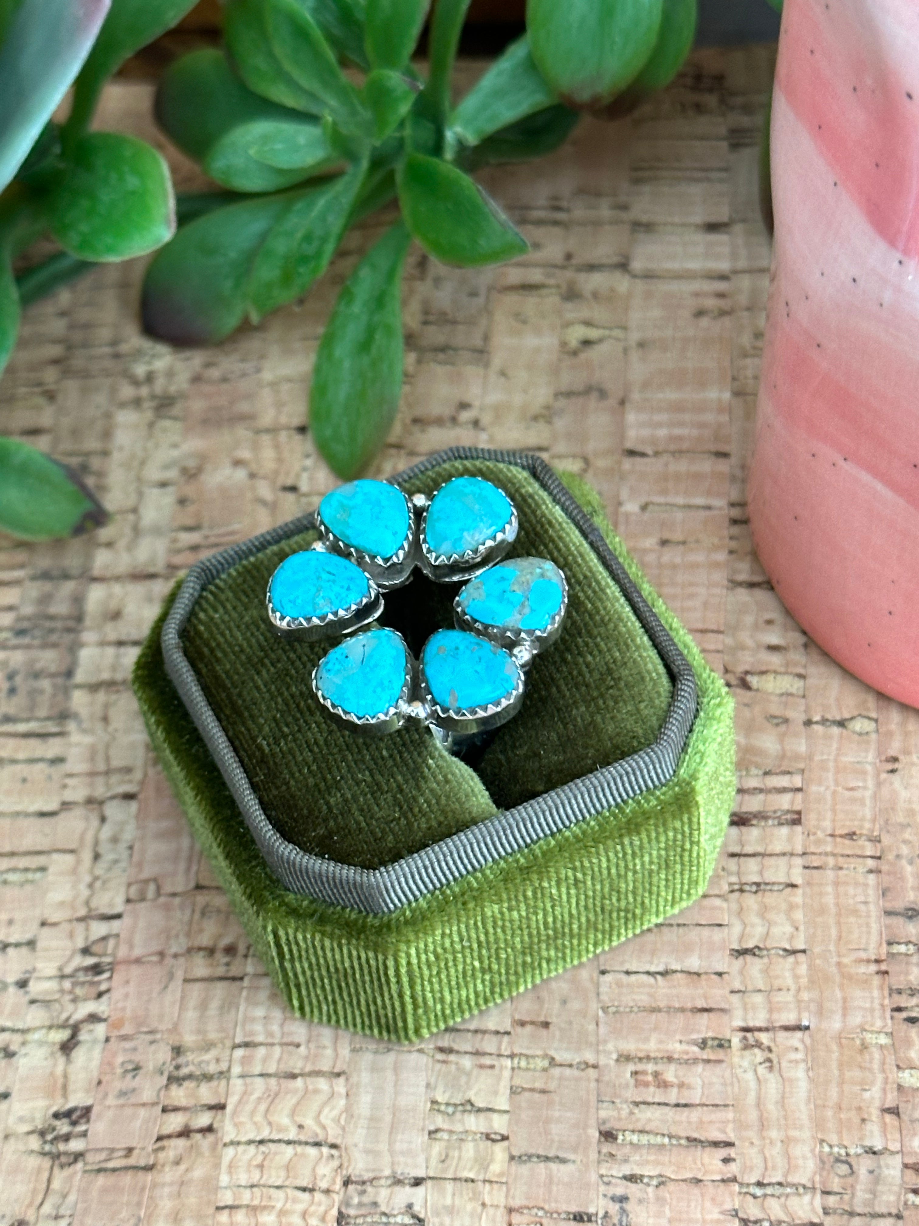 Southwest Handmade Kingman Turquoise & Sterling Silver Adjustable Cluster Ring